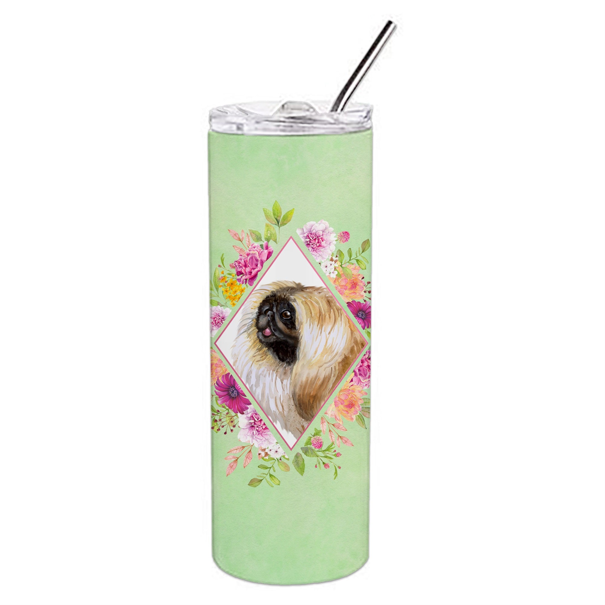 Pekingese Green Flowers Double Walled Stainless Steel 20 Oz Skinny Tumbler