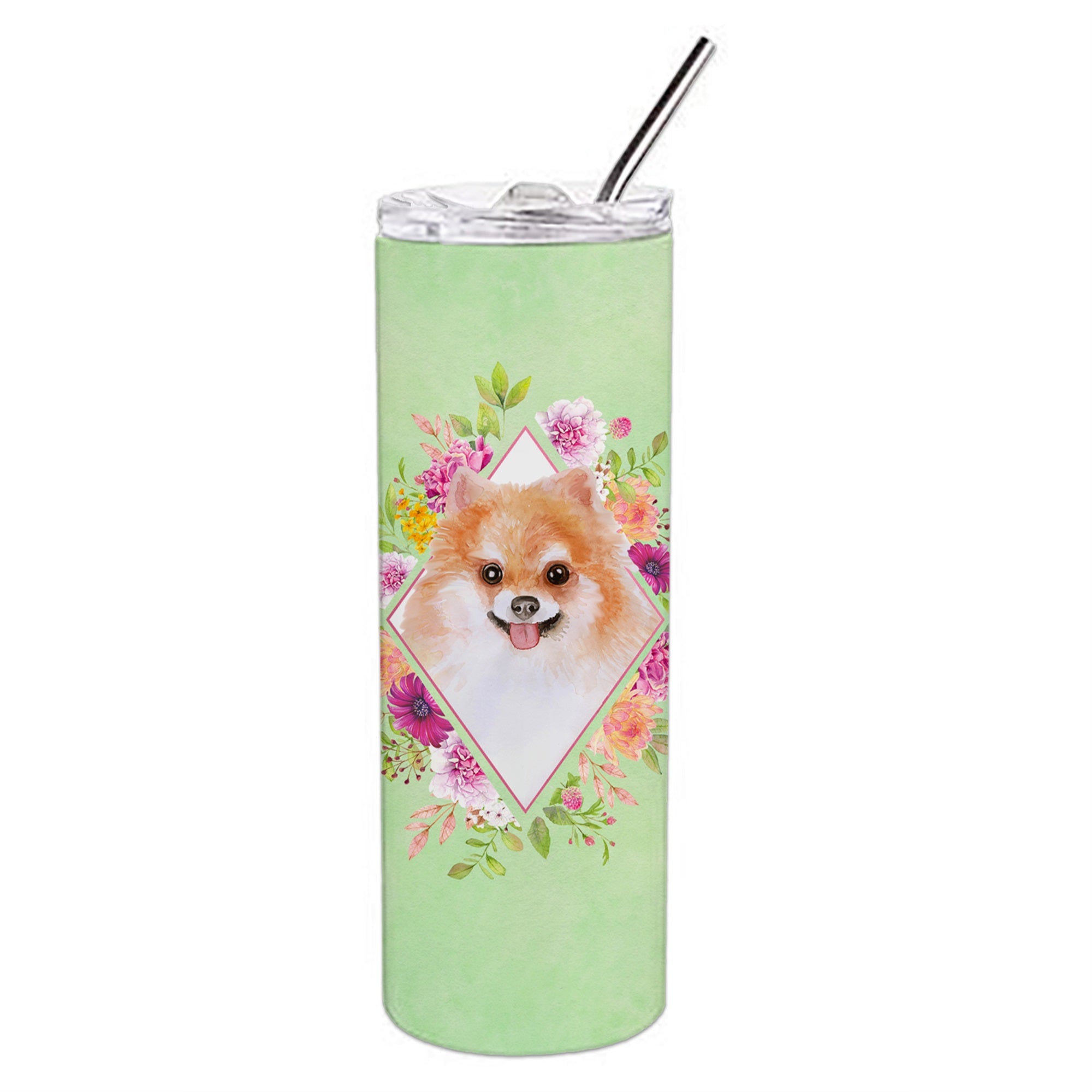Pomeranian #1 Green Flowers Double Walled Stainless Steel 20 Oz Skinny Tumbler