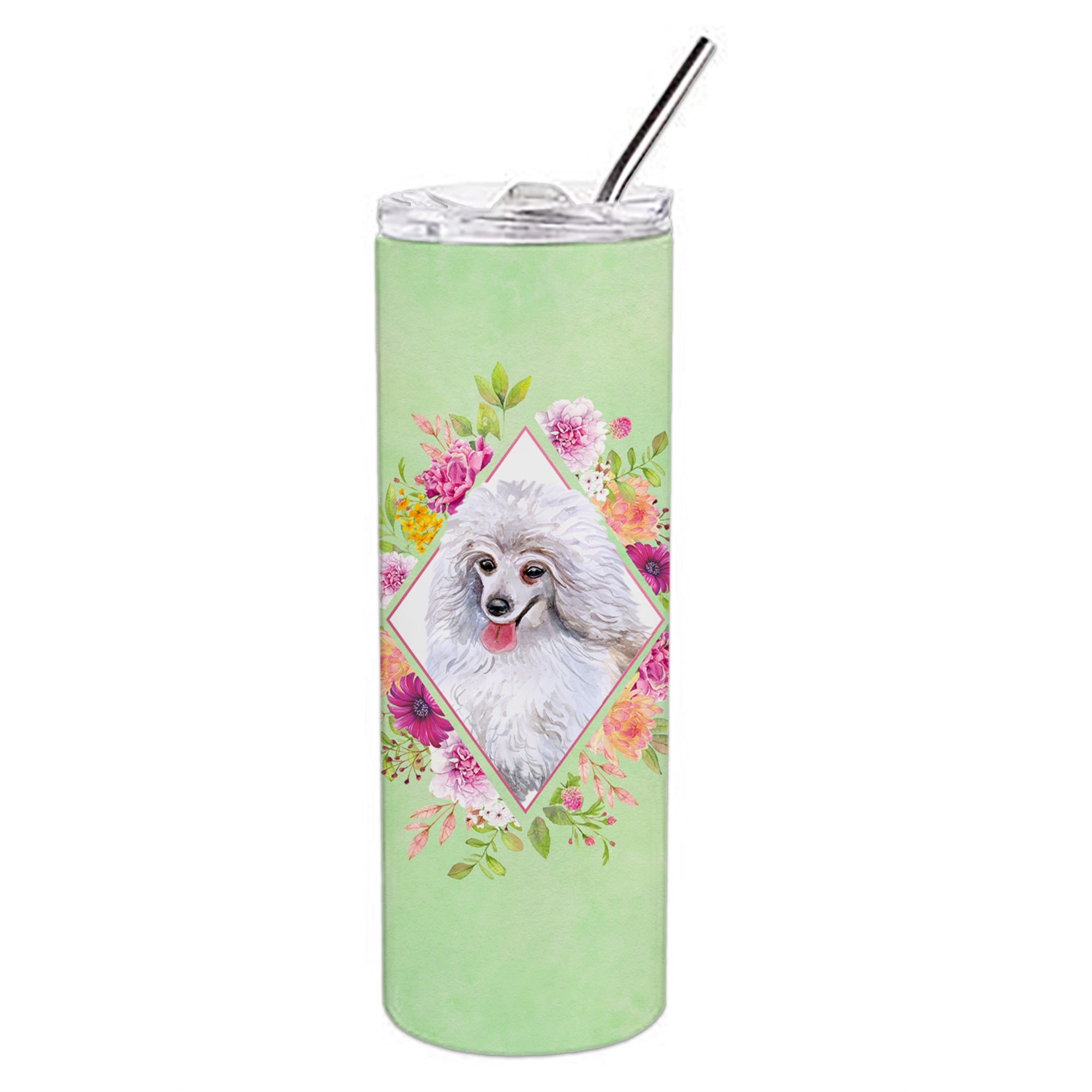 White Mini Poodle Green Flowers Double Walled Stainless Steel 20 Oz Skinny Tumbler