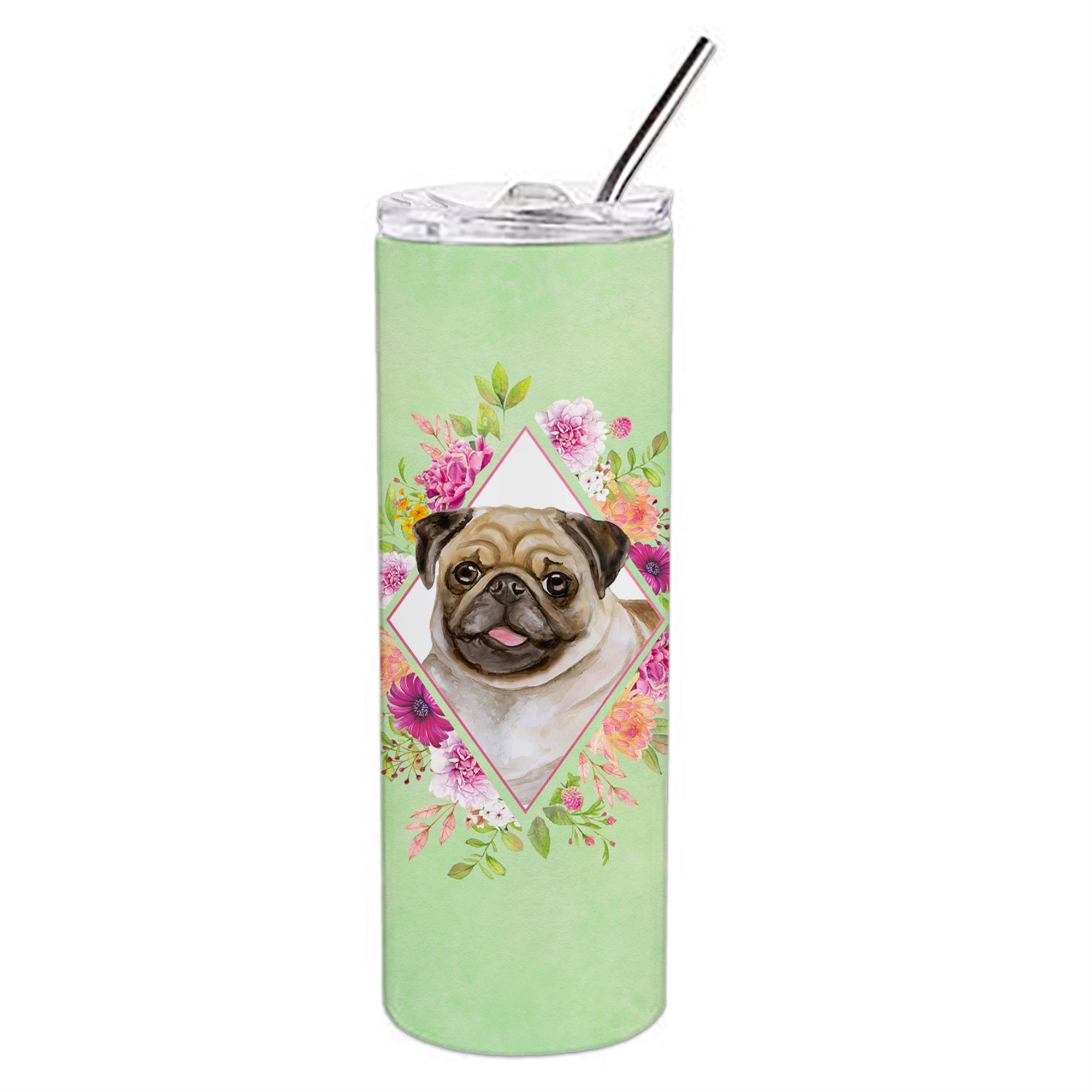 Fawn Pug Green Flowers Double Walled Stainless Steel 20 Oz Skinny Tumbler