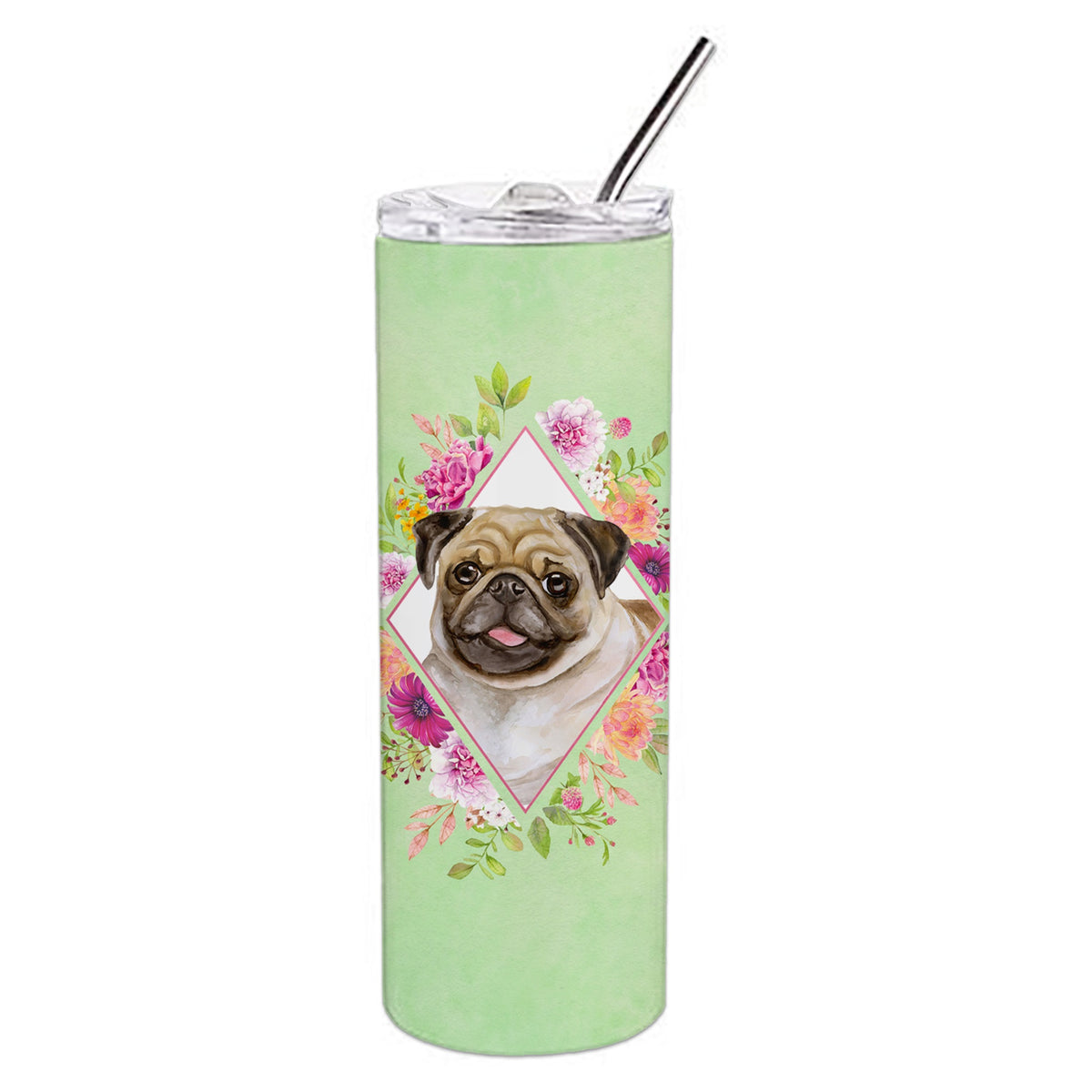 Fawn Pug Green Flowers Double Walled Stainless Steel 20 Oz Skinny Tumbler