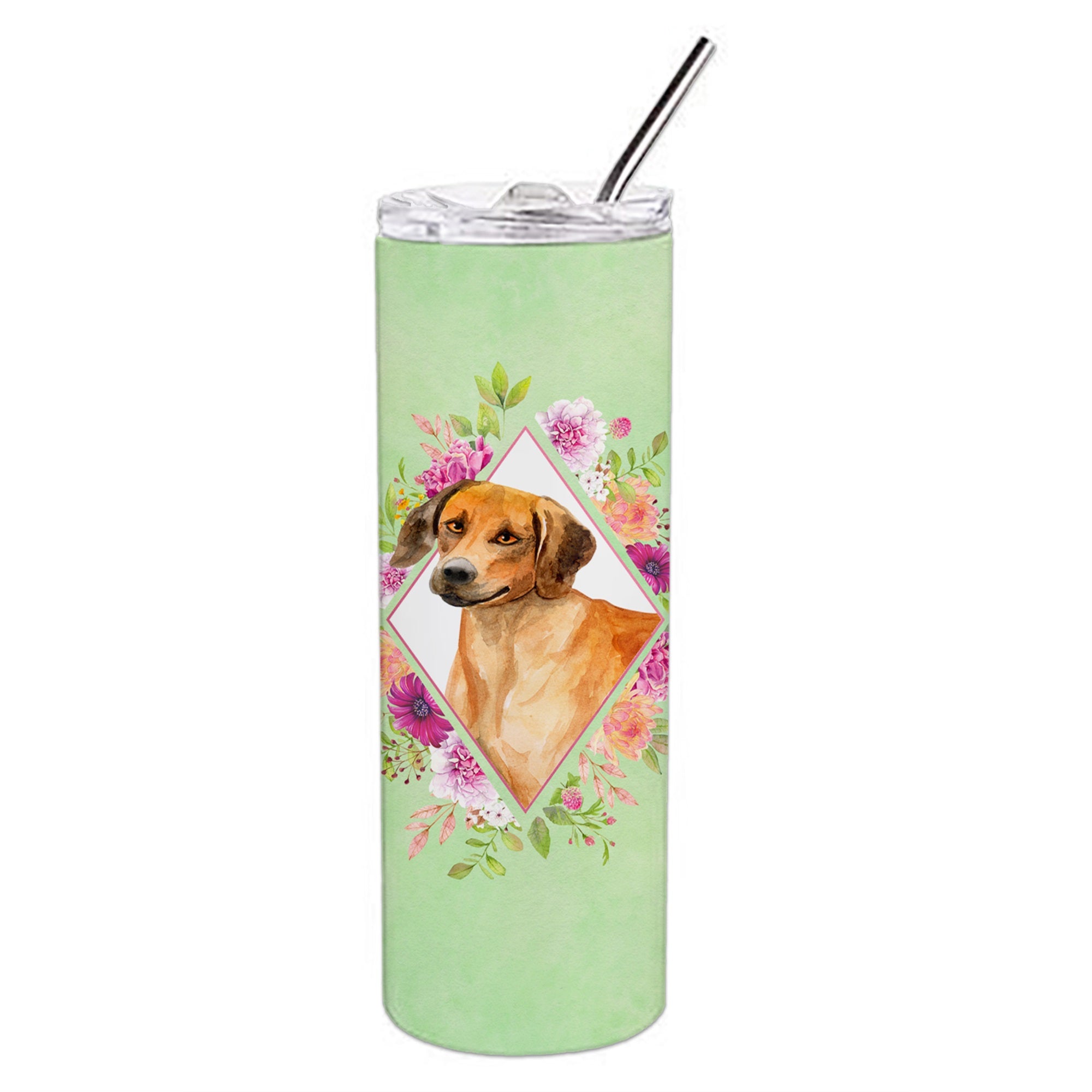 Rhodesian Ridgeback Green Flowers Double Walled Stainless Steel 20 Oz Skinny Tumbler