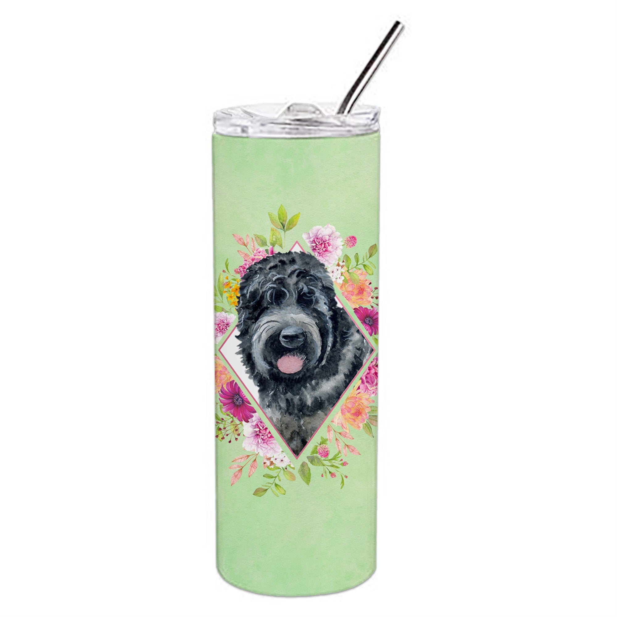 Russian Black Terrier Green Flowers Double Walled Stainless Steel 20 Oz Skinny Tumbler