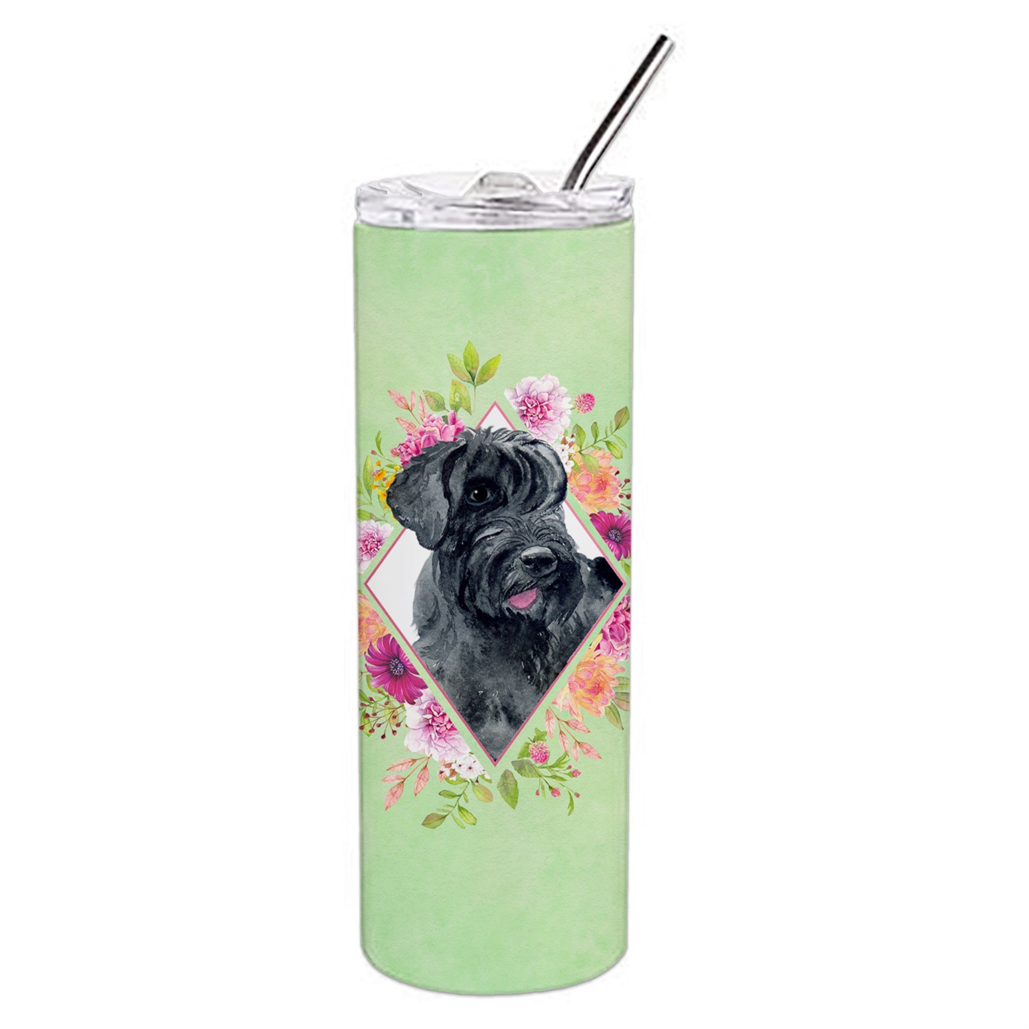 Giant Schnauzer Green Flowers Double Walled Stainless Steel 20 Oz Skinny Tumbler