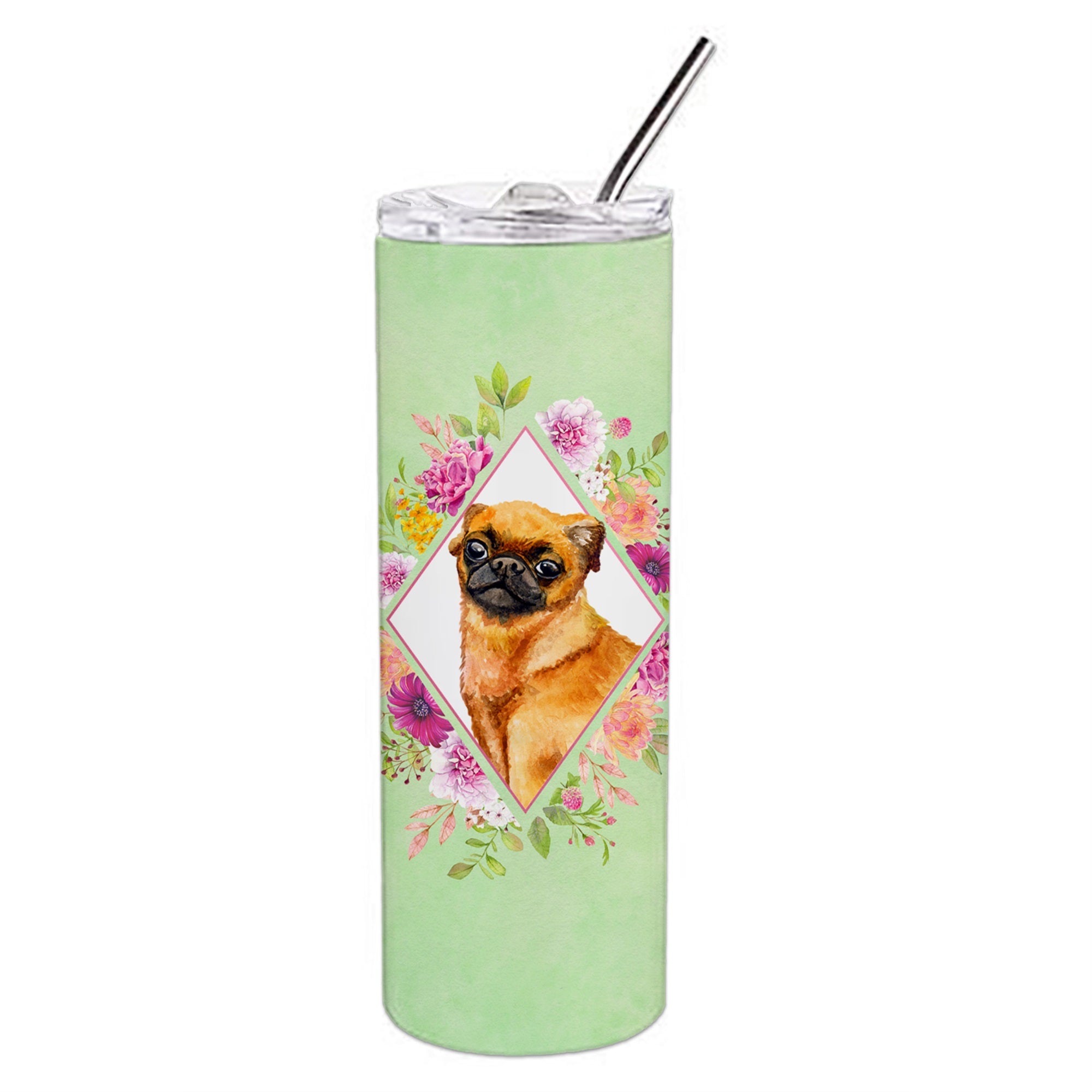 Brabant Griffon Green Flowers Double Walled Stainless Steel 20 Oz Skinny Tumbler
