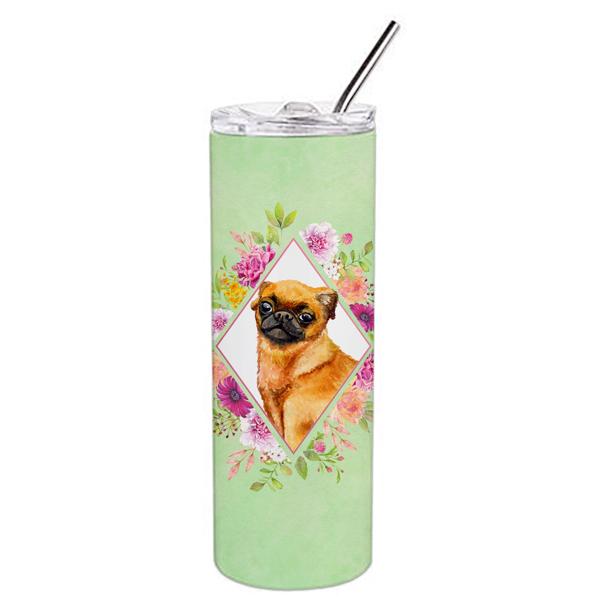 Brabant Griffon Green Flowers Double Walled Stainless Steel 20 Oz Skinny Tumbler