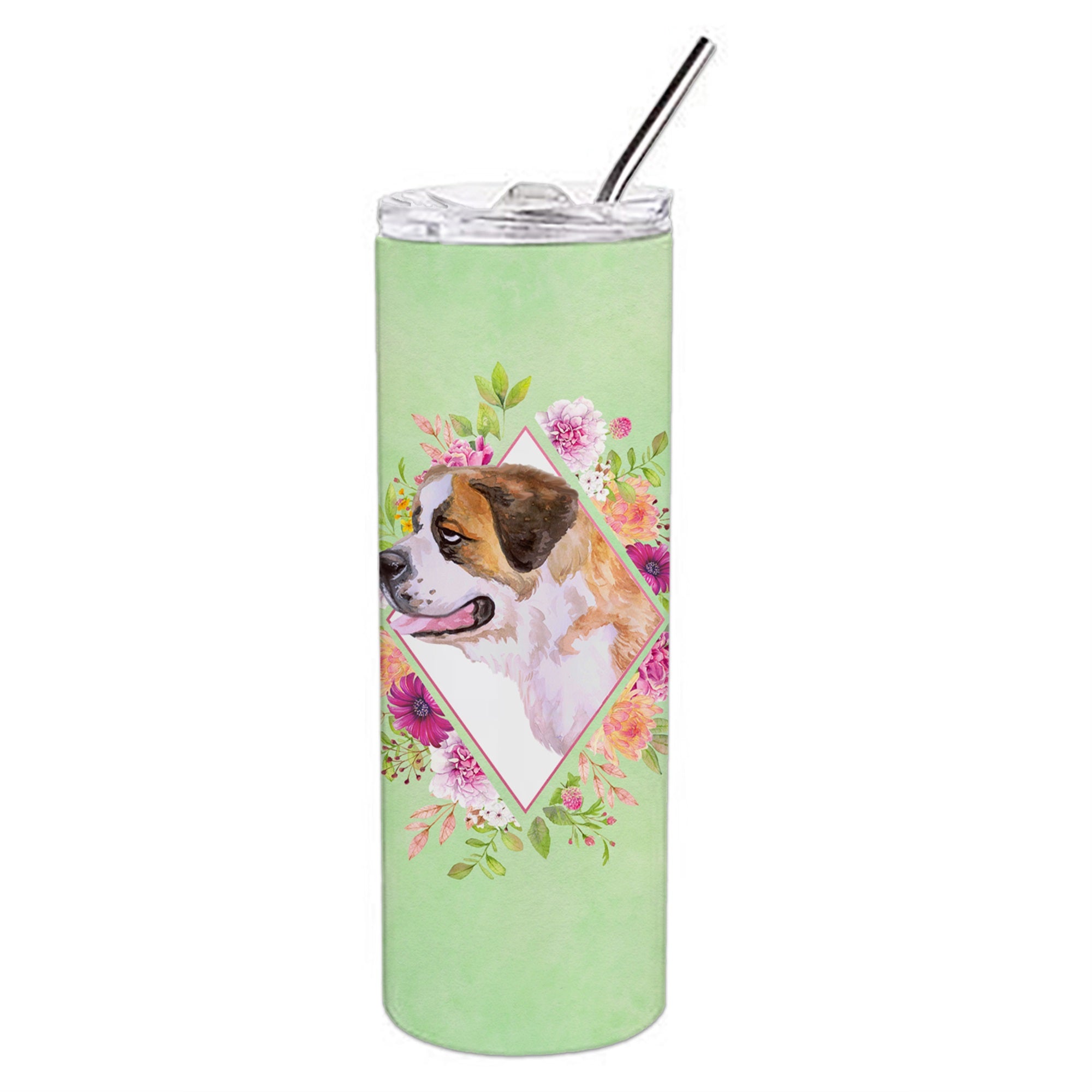 Saint Bernard #1 Green Flowers Double Walled Stainless Steel 20 Oz Skinny Tumbler