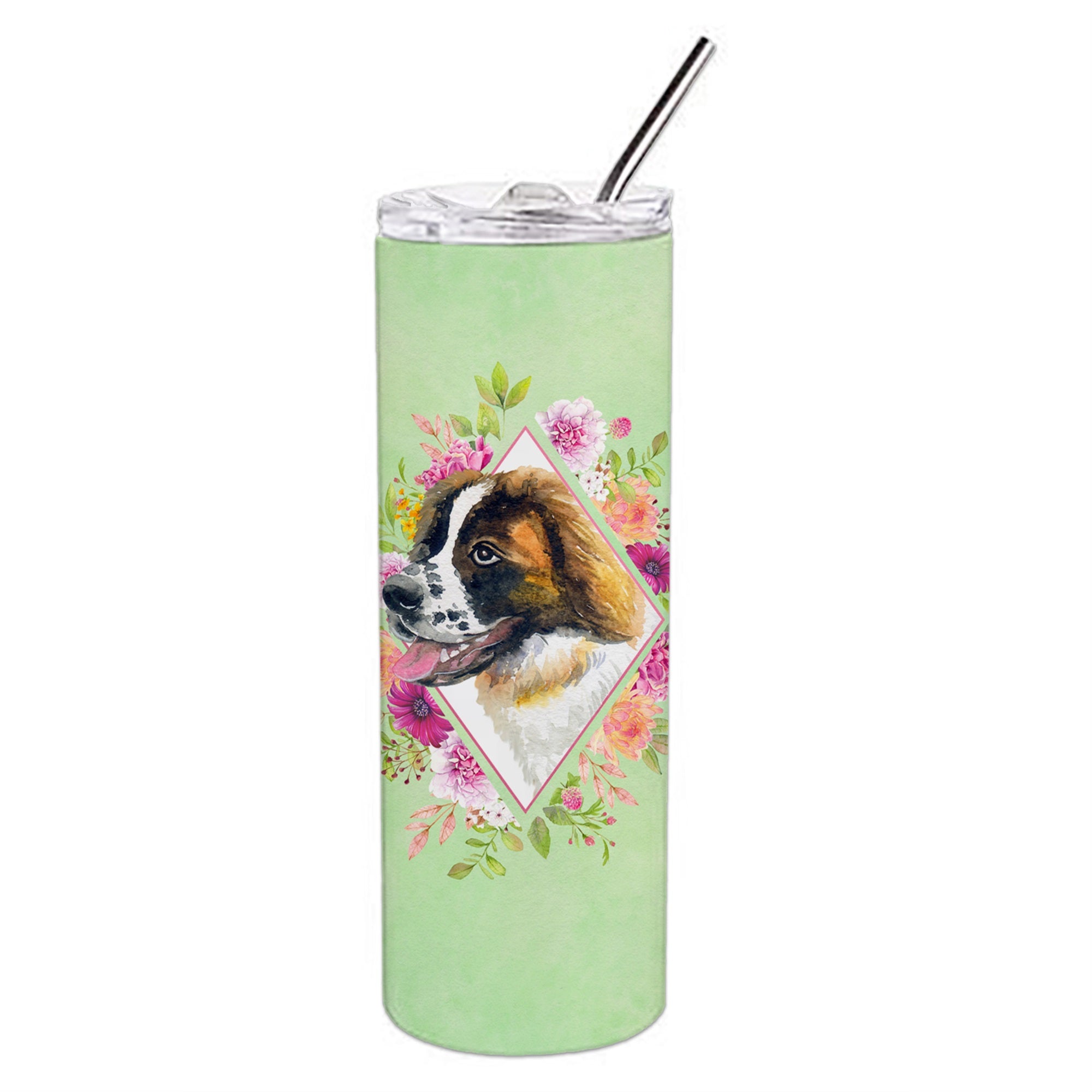 Saint Bernard #2 Green Flowers Double Walled Stainless Steel 20 Oz Skinny Tumbler