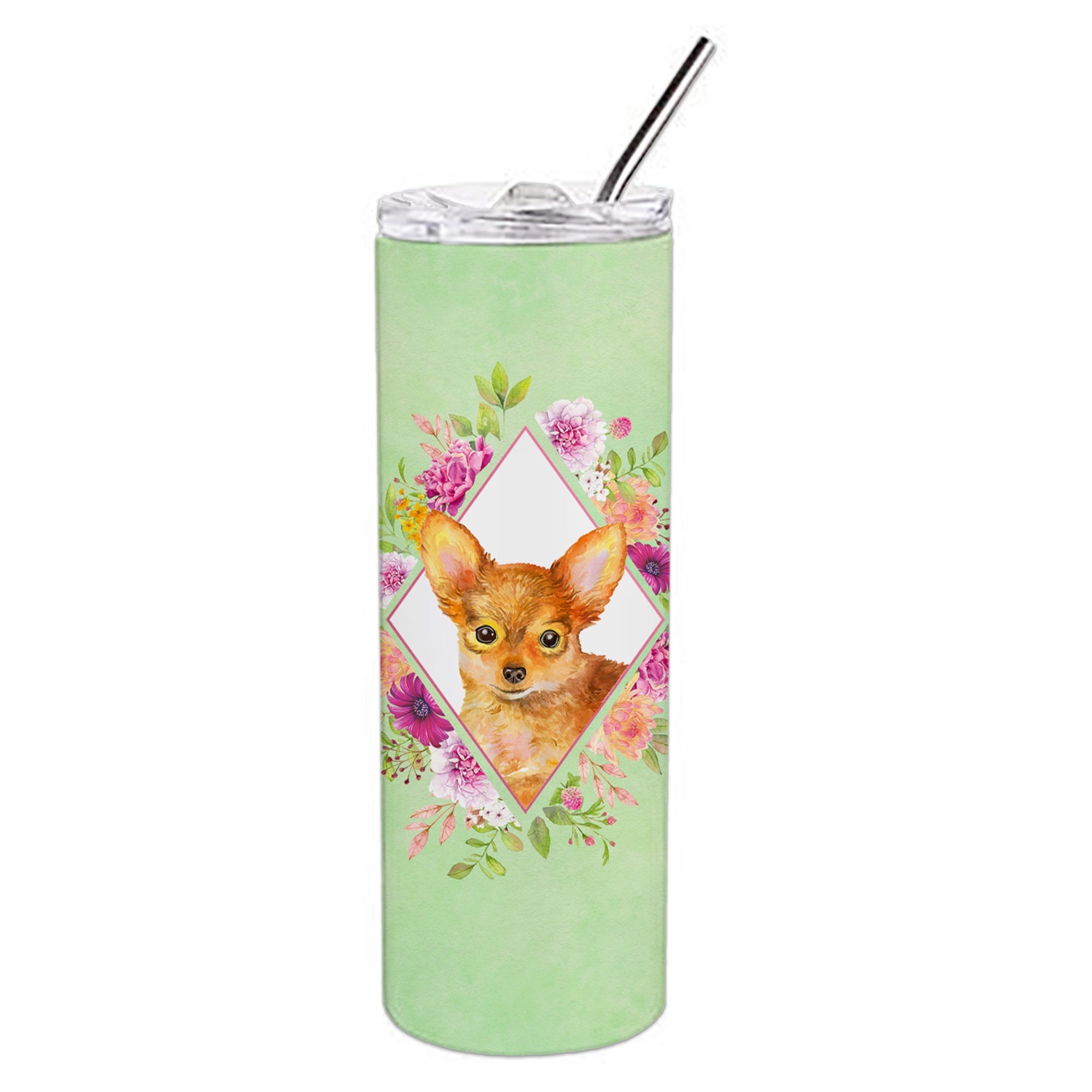 Toy Terrier Green Flowers Double Walled Stainless Steel 20 Oz Skinny Tumbler