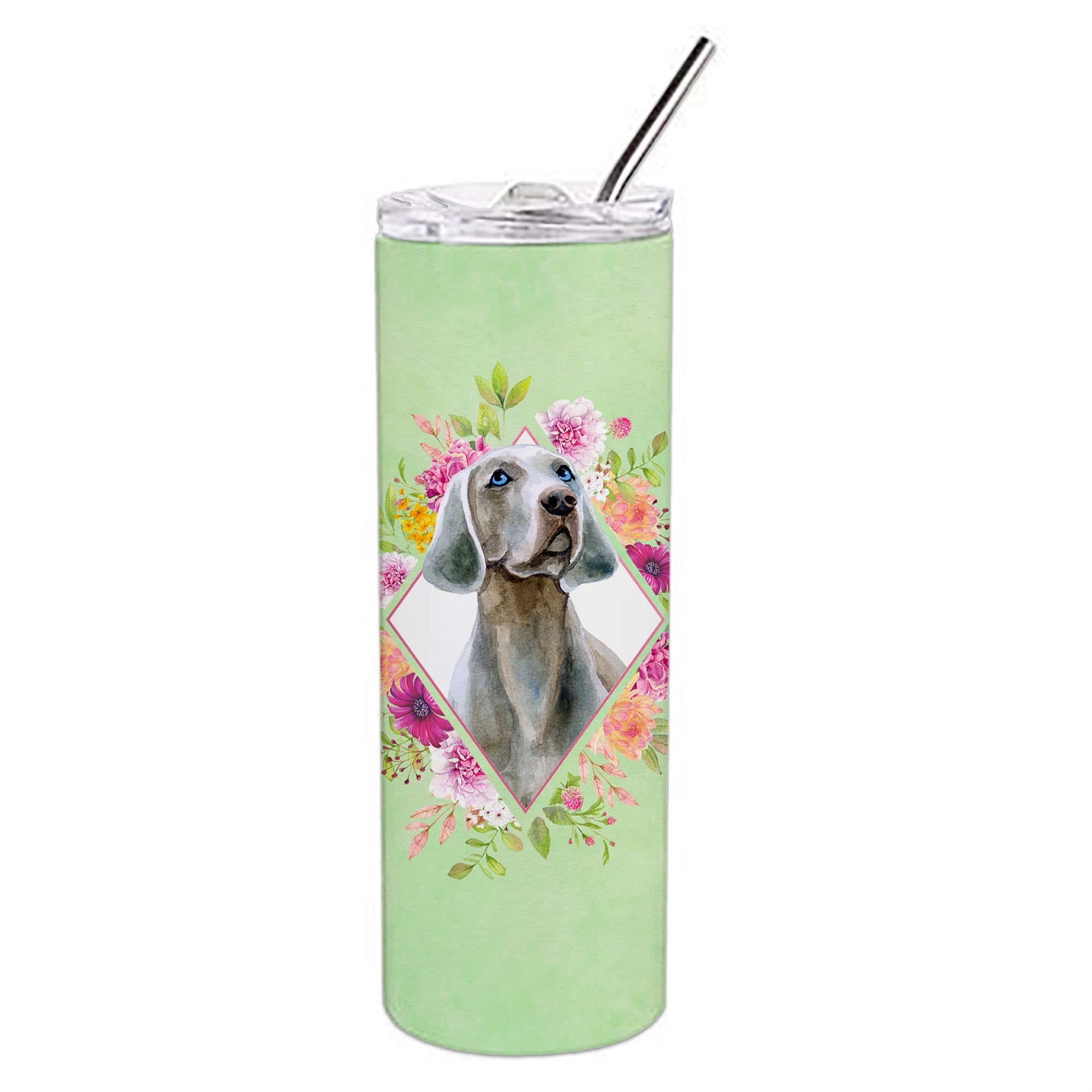 Weimaraner Green Flowers Double Walled Stainless Steel 20 Oz Skinny Tumbler