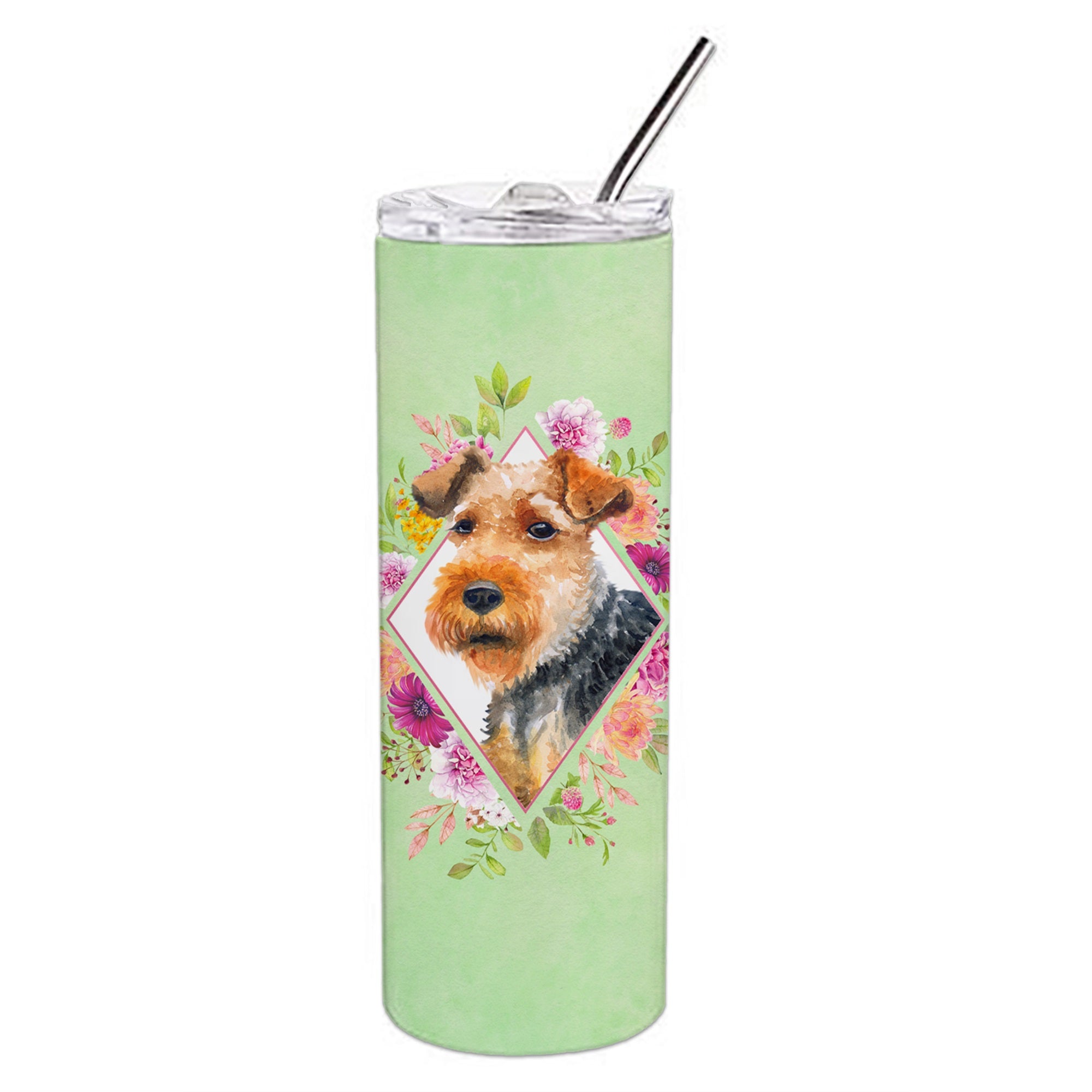 Welsh Terrier Green Flowers Double Walled Stainless Steel 20 Oz Skinny Tumbler