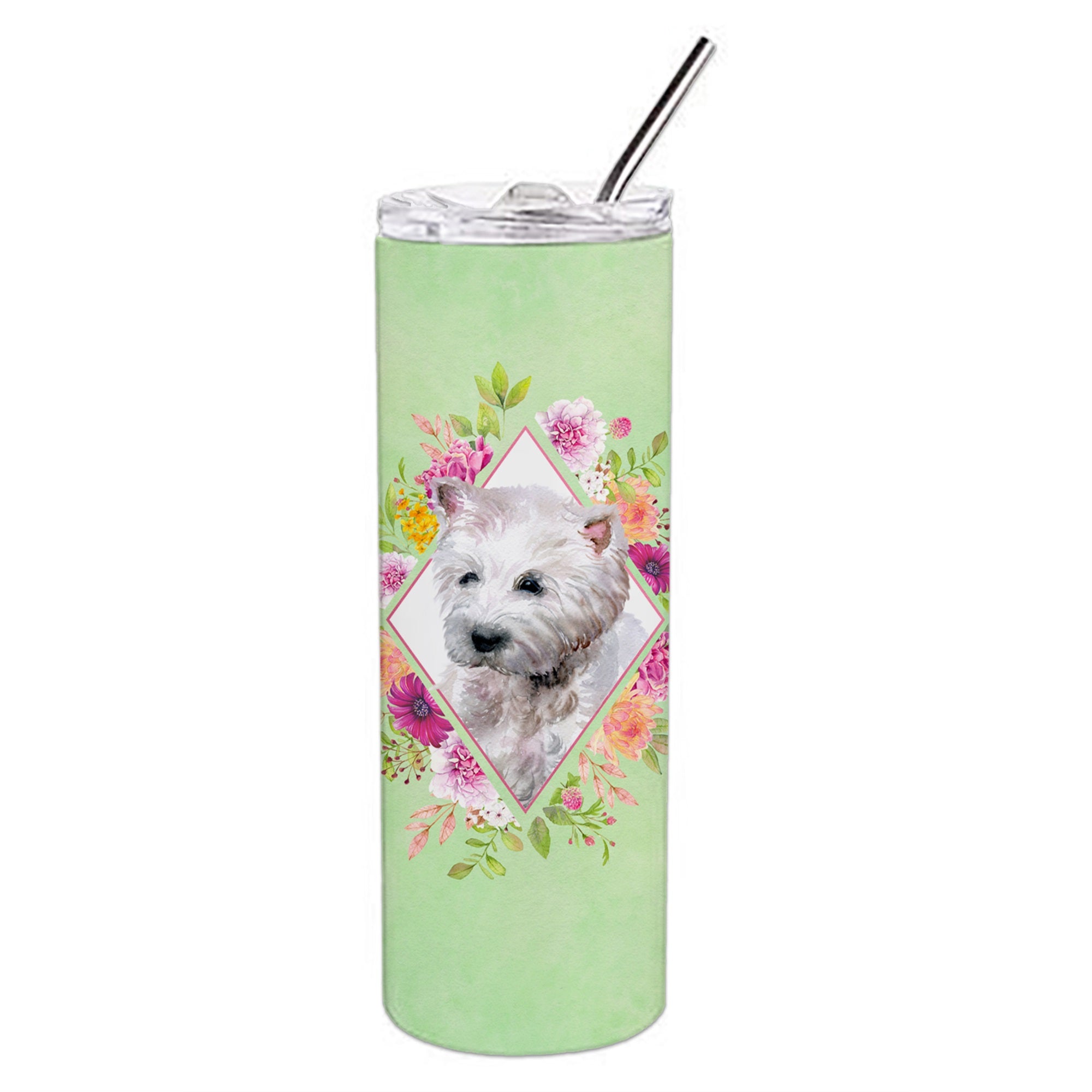 West Highland White Terrier Green Flowers Double Walled Stainless Steel 20 Oz Skinny Tumbler