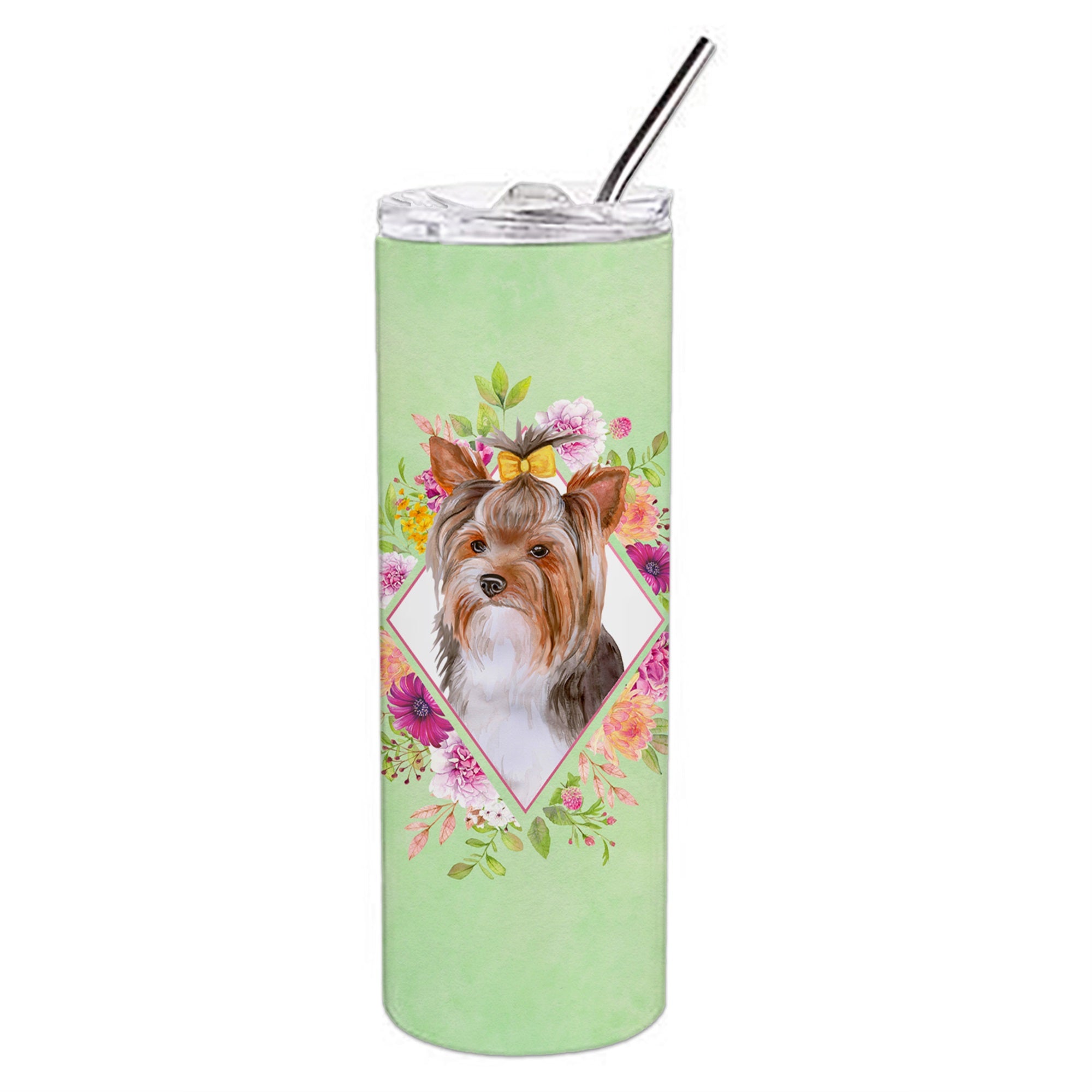 Yorkshire Terrier #1 Green Flowers Double Walled Stainless Steel 20 Oz Skinny Tumbler