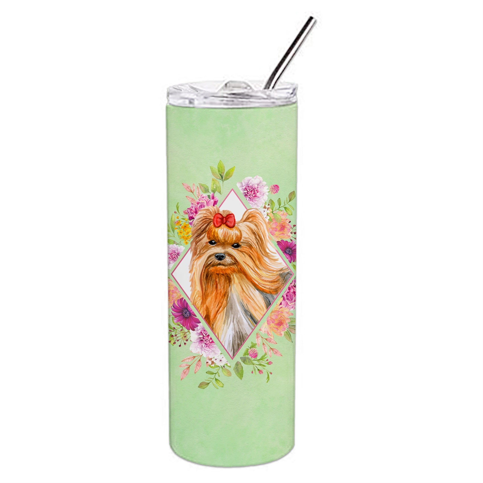 Yorkshire Terrier #2 Green Flowers Double Walled Stainless Steel 20 Oz Skinny Tumbler