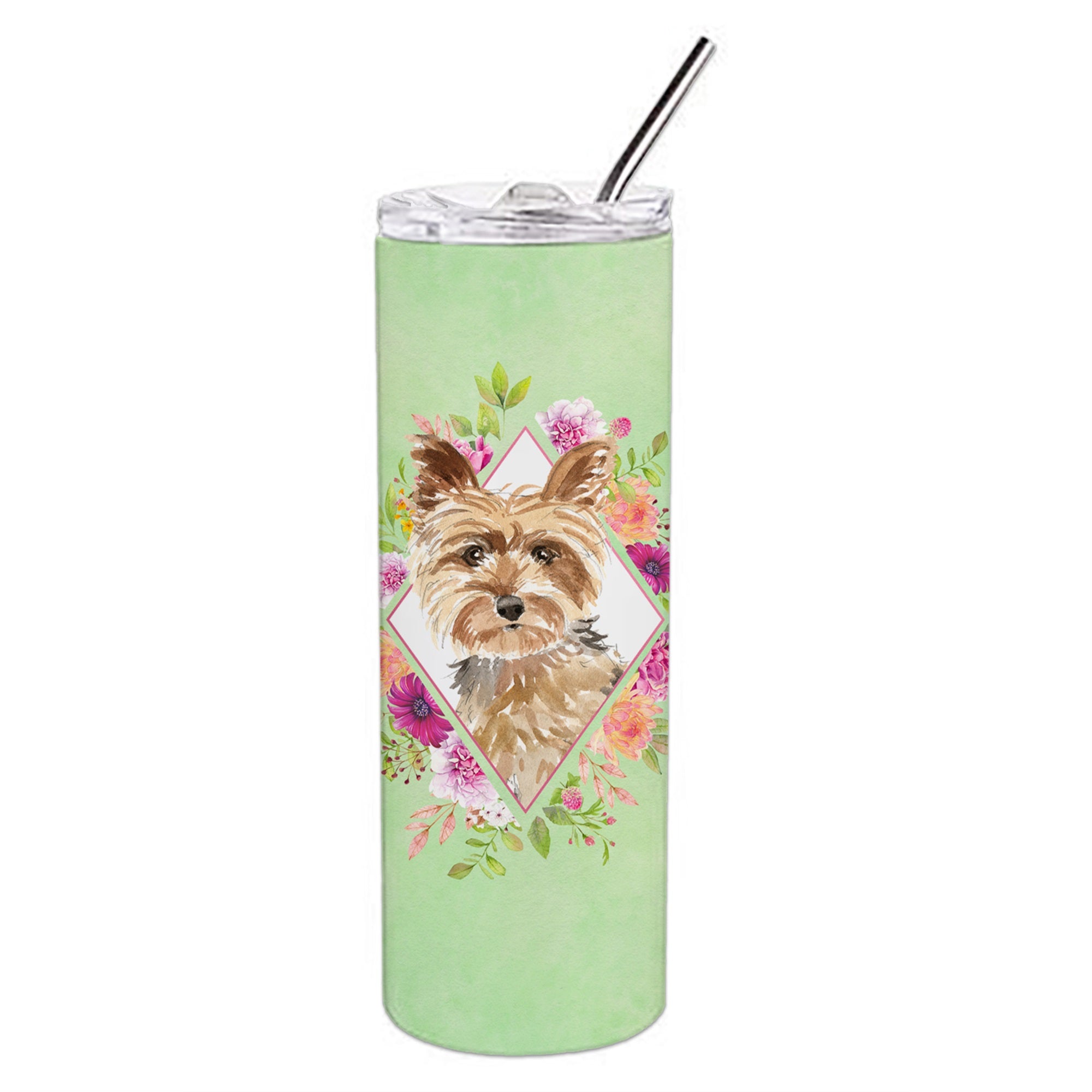 Yorkie Green Flowers Double Walled Stainless Steel 20 Oz Skinny Tumbler