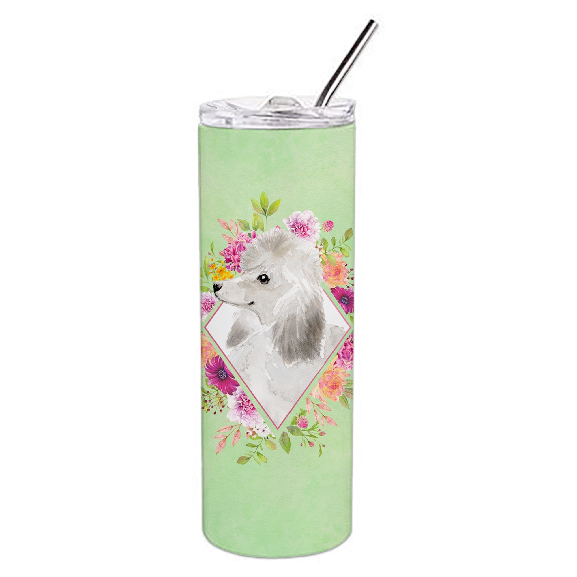 White Standard Poodle Green Flowers Double Walled Stainless Steel 20 Oz Skinny Tumbler