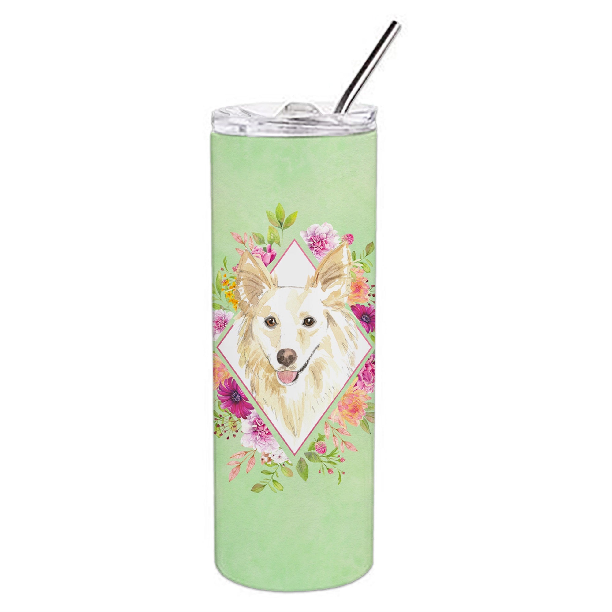 White Collie Green Flowers Double Walled Stainless Steel 20 Oz Skinny Tumbler