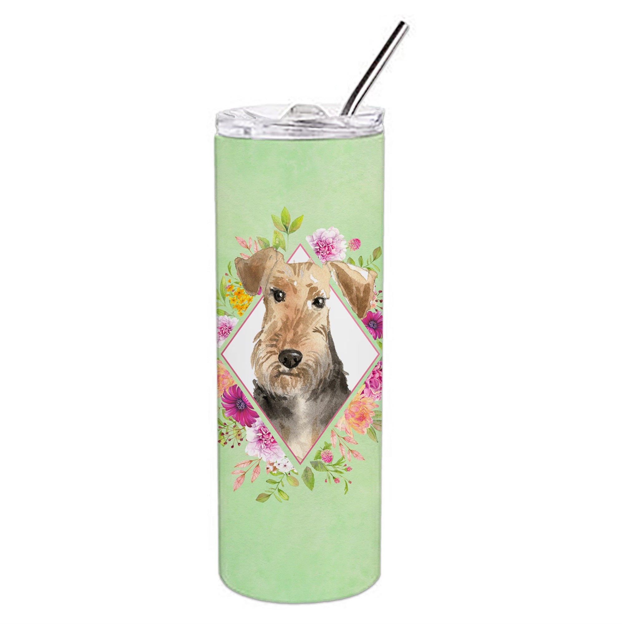 Airedale Terrier Green Flowers Double Walled Stainless Steel 20 Oz Skinny Tumbler