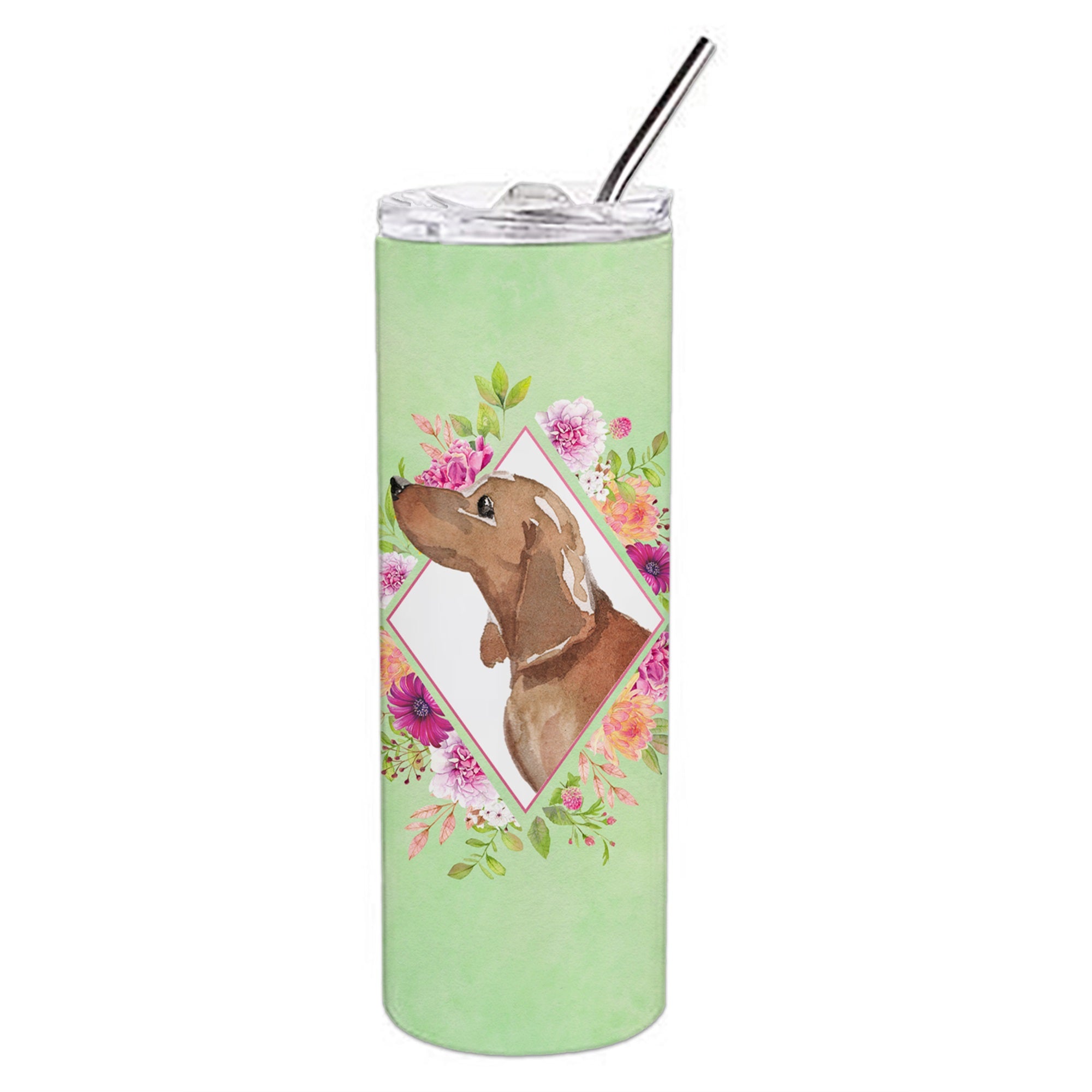 Dachshund Green Flowers Double Walled Stainless Steel 20 Oz Skinny Tumbler