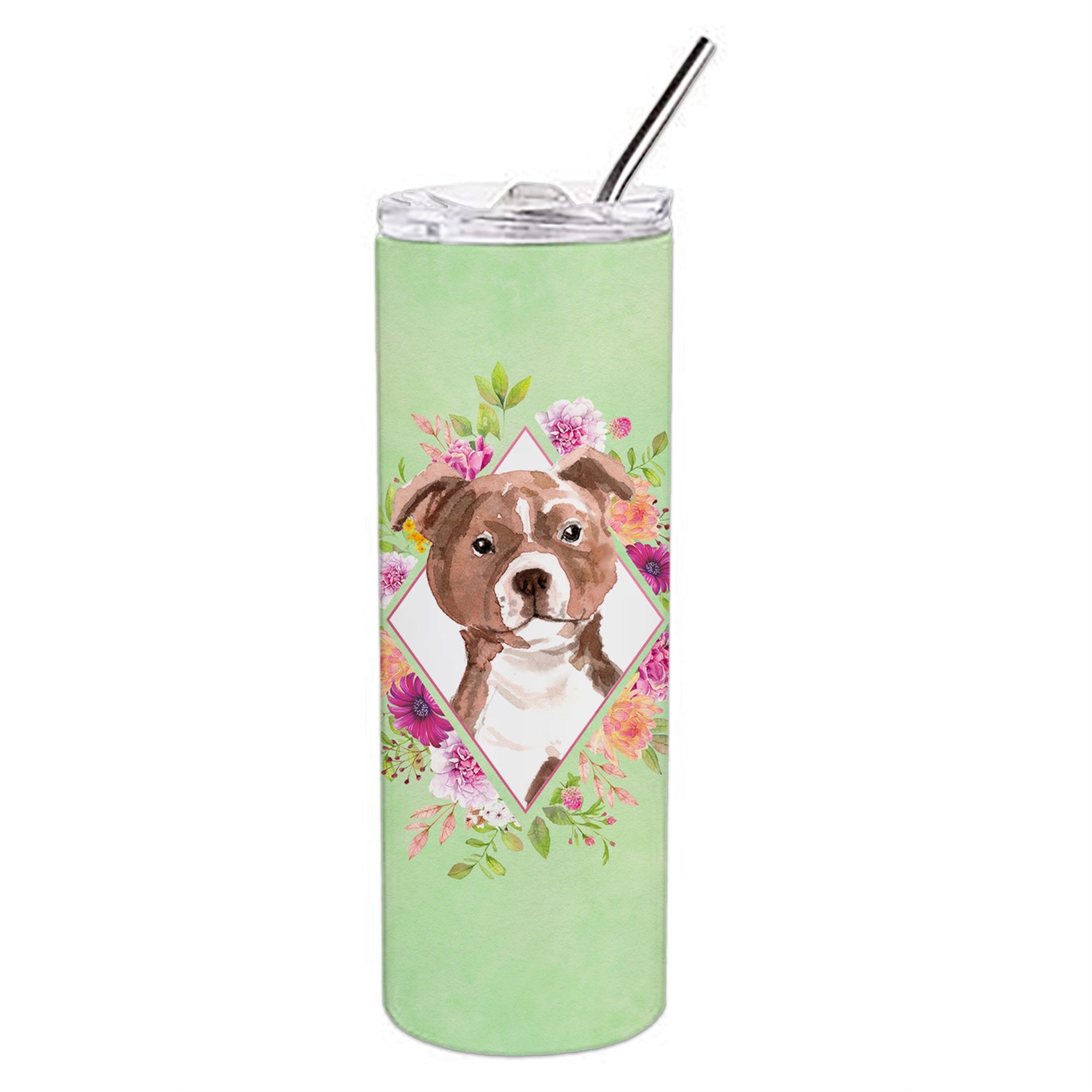 Staffie Bull Terrier Green Flowers Double Walled Stainless Steel 20 Oz Skinny Tumbler