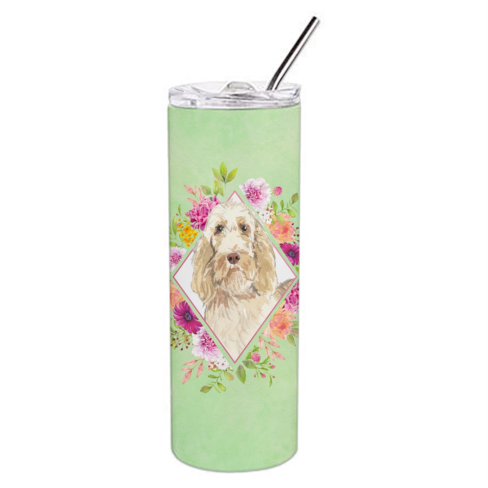 Spinone Italiano Green Flowers Double Walled Stainless Steel 20 Oz Skinny Tumbler