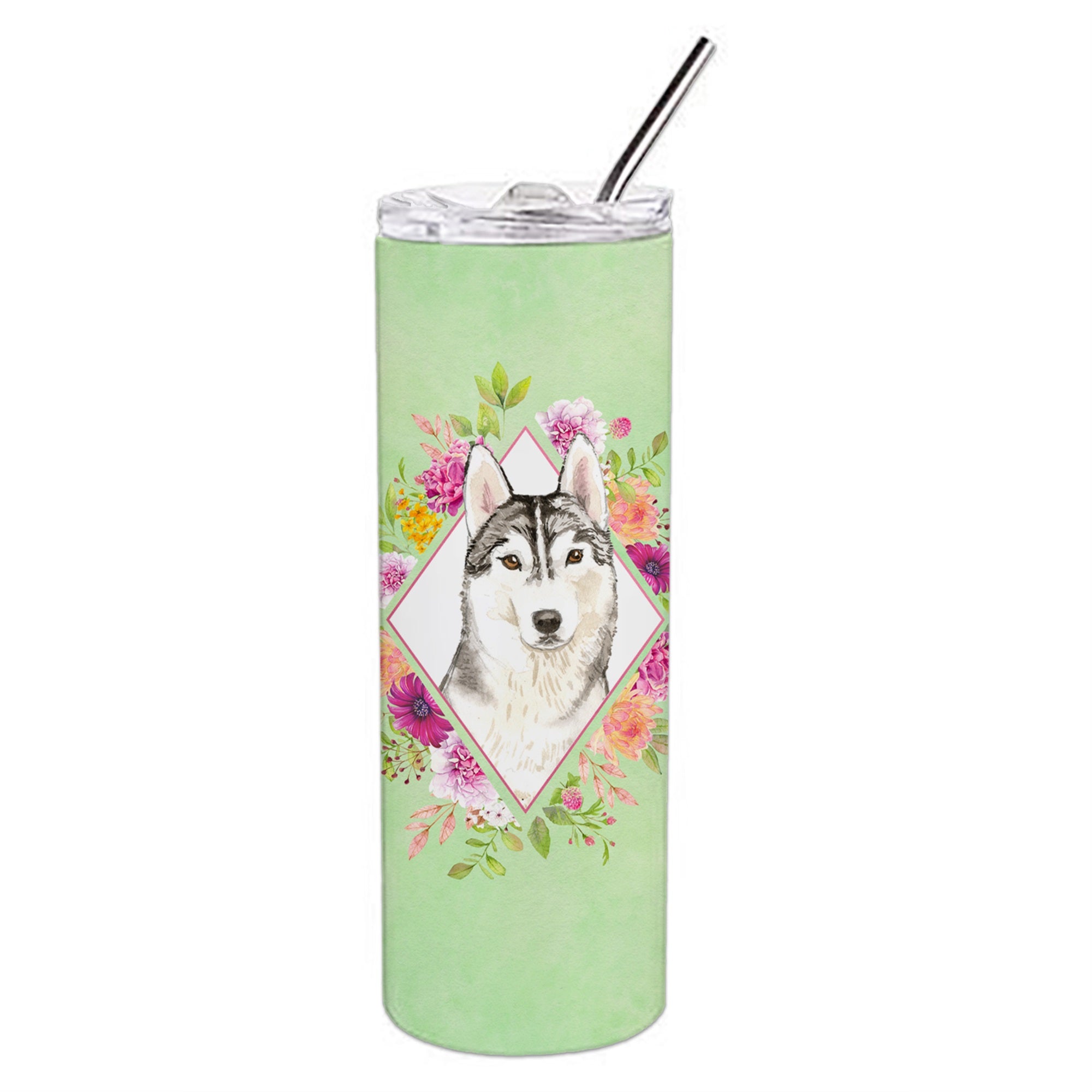 Siberian Husky Green Flowers Double Walled Stainless Steel 20 Oz Skinny Tumbler