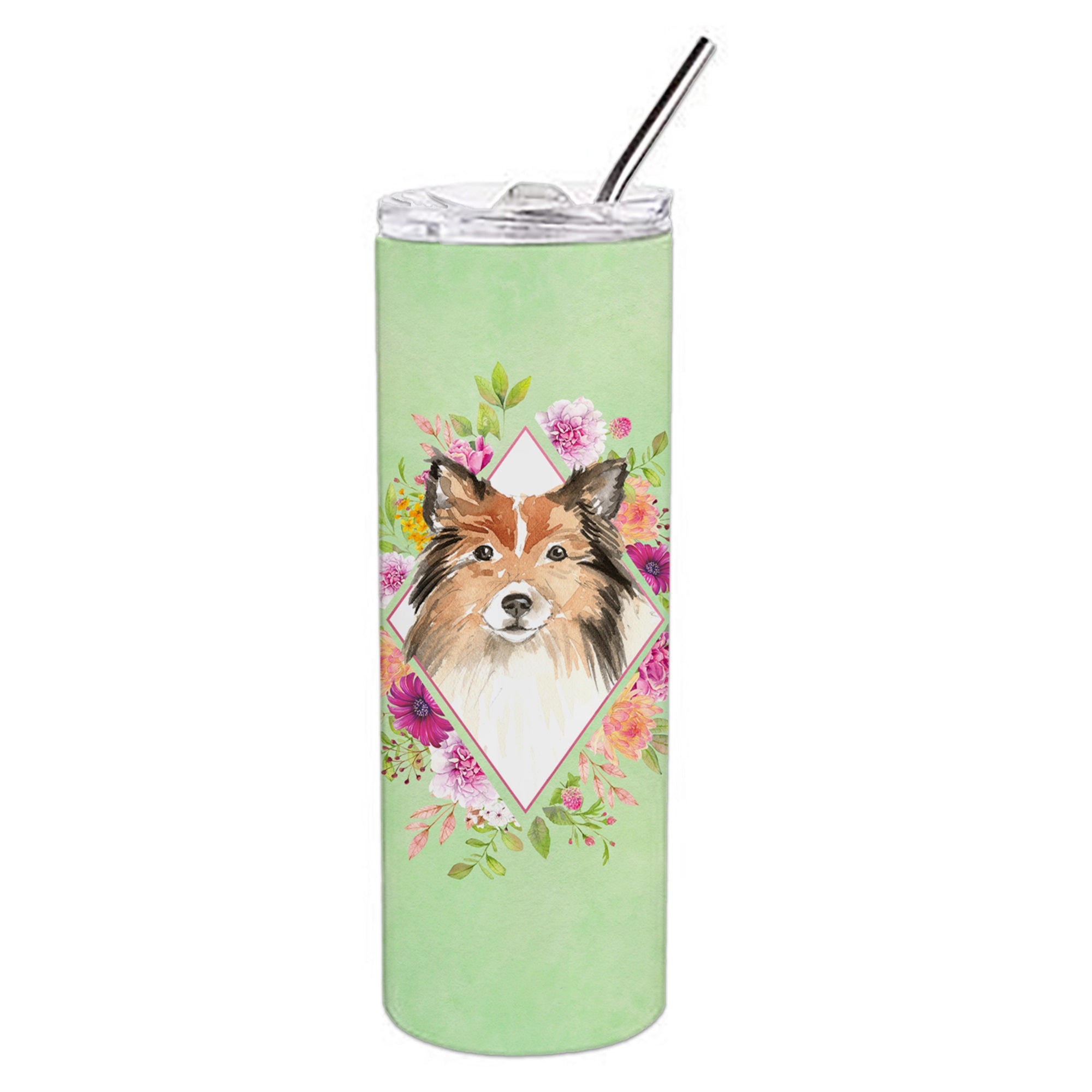 Sheltie Green Flowers Double Walled Stainless Steel 20 Oz Skinny Tumbler