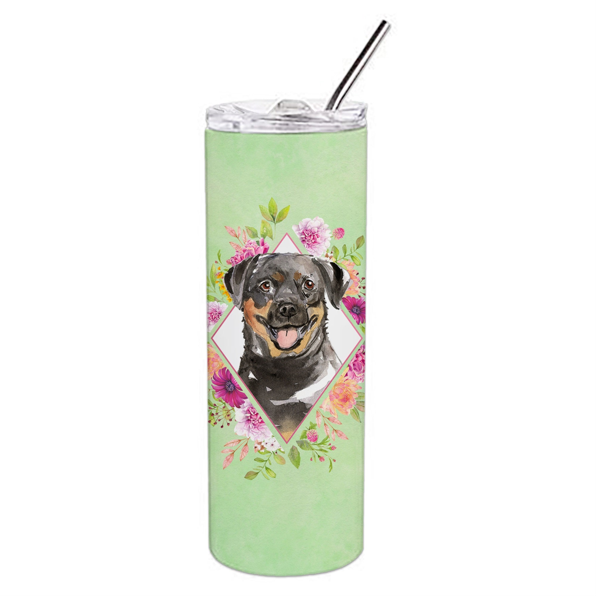 Rottweiler Green Flowers Double Walled Stainless Steel 20 Oz Skinny Tumbler