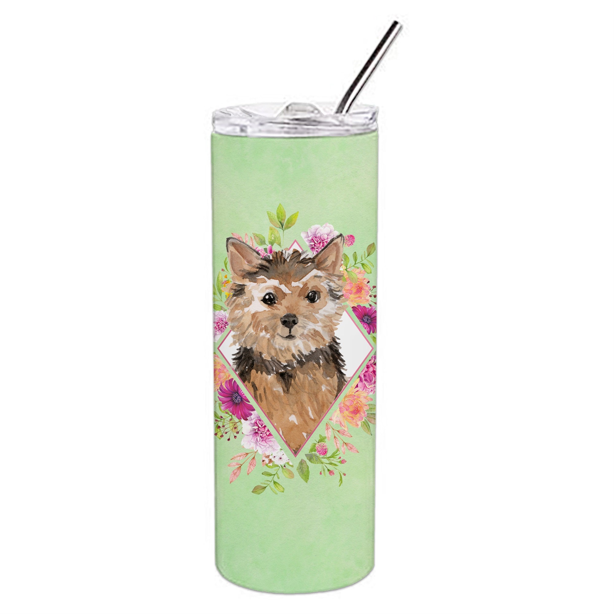 Norwich Terrier Green Flowers Double Walled Stainless Steel 20 Oz Skinny Tumbler