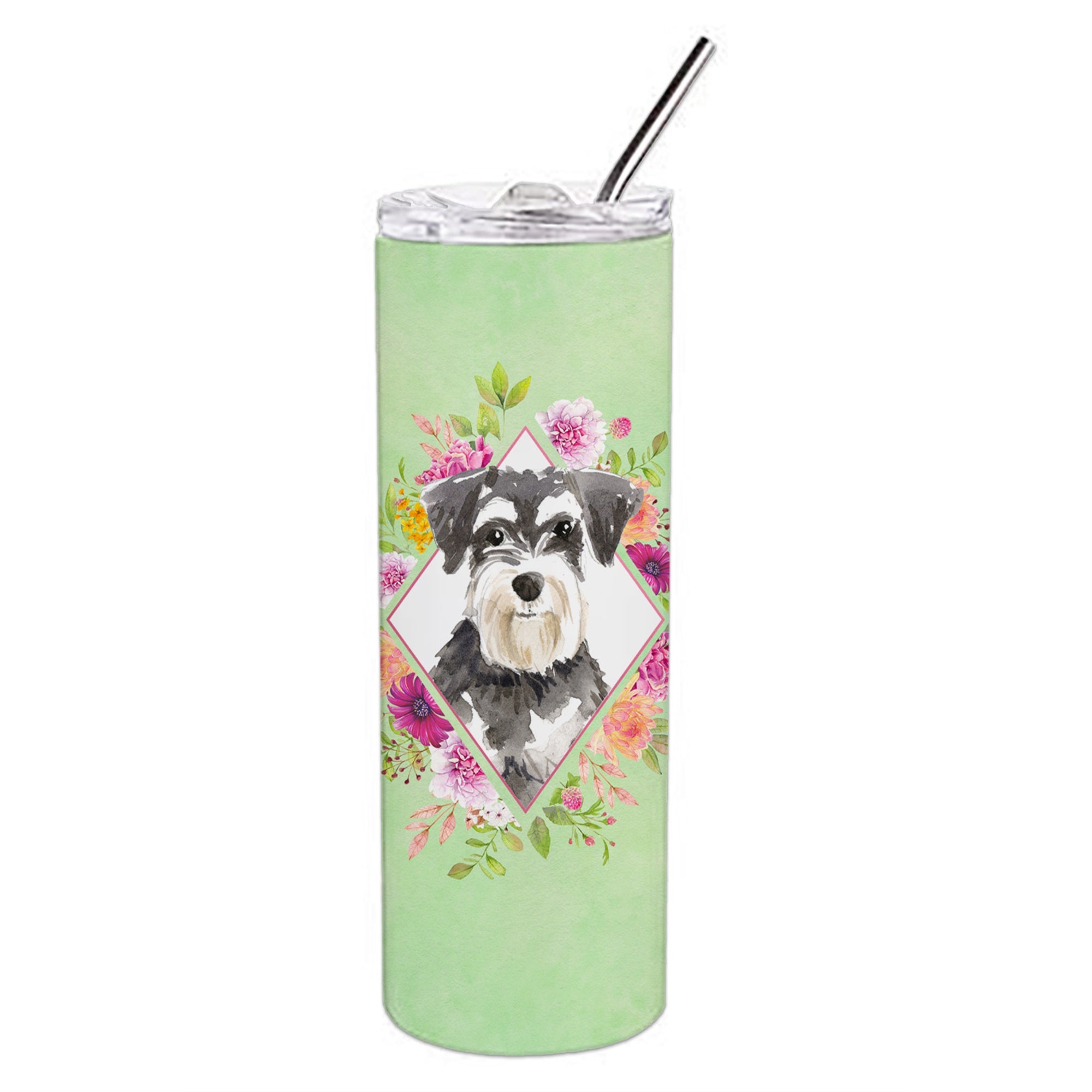 Schnauzer #2 Green Flowers Double Walled Stainless Steel 20 Oz Skinny Tumbler