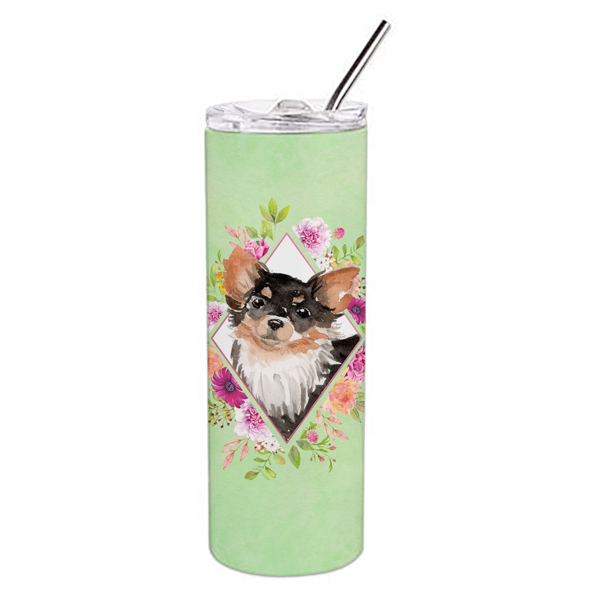 Longhaired Chihuahua Green Flowers Double Walled Stainless Steel 20 Oz Skinny Tumbler