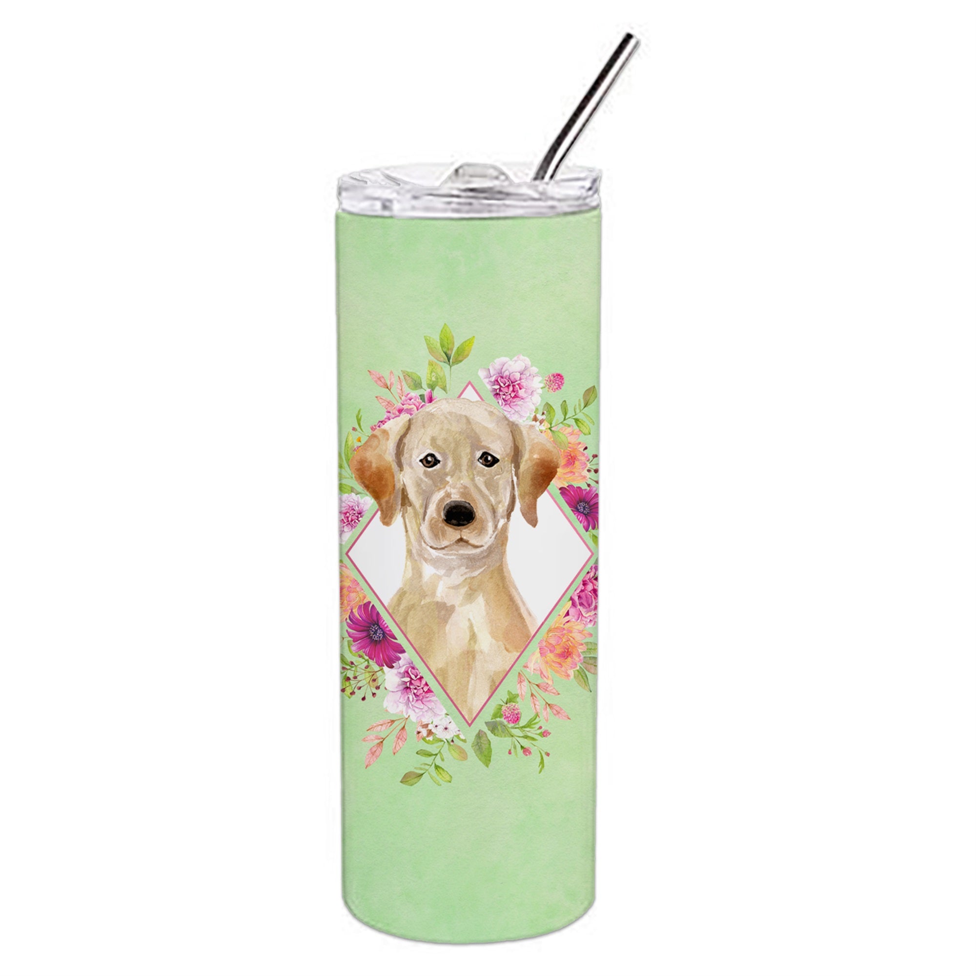 Yellow Lab Green Flowers Double Walled Stainless Steel 20 Oz Skinny Tumbler