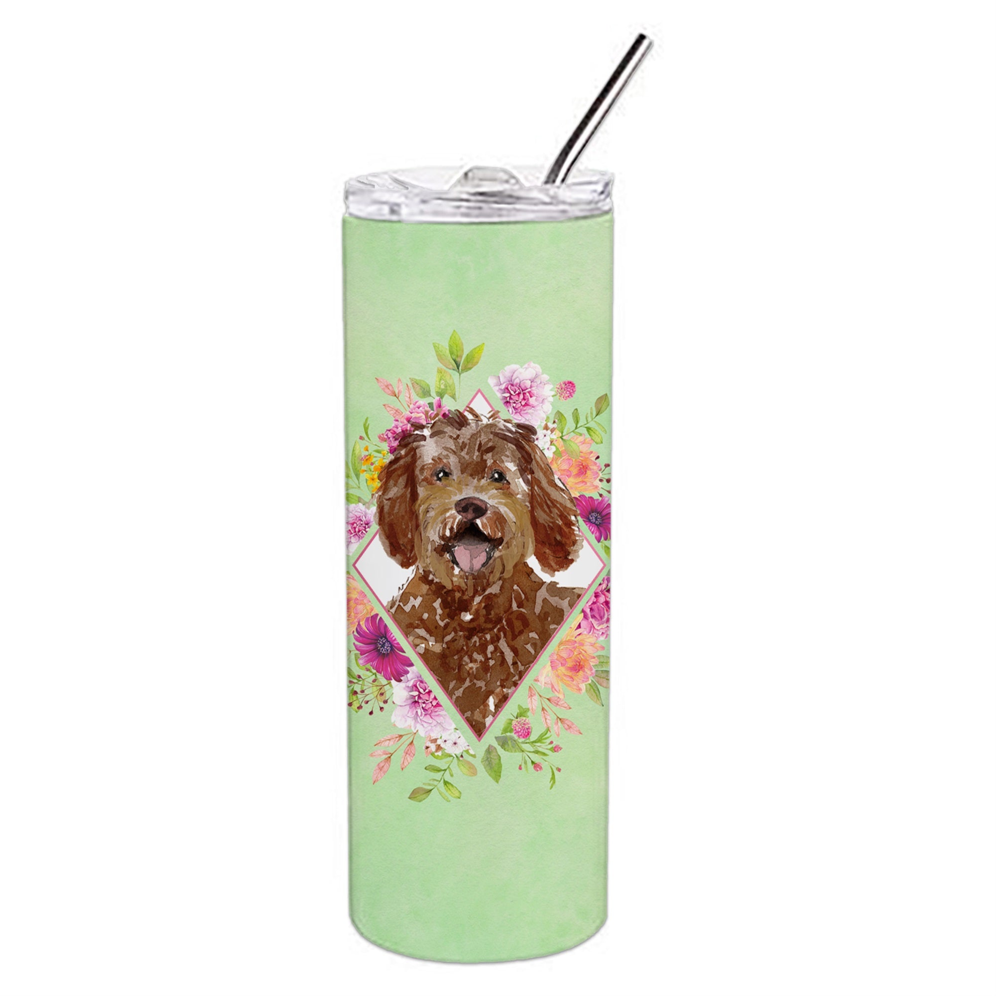 Labradoodle Green Flowers Double Walled Stainless Steel 20 Oz Skinny Tumbler