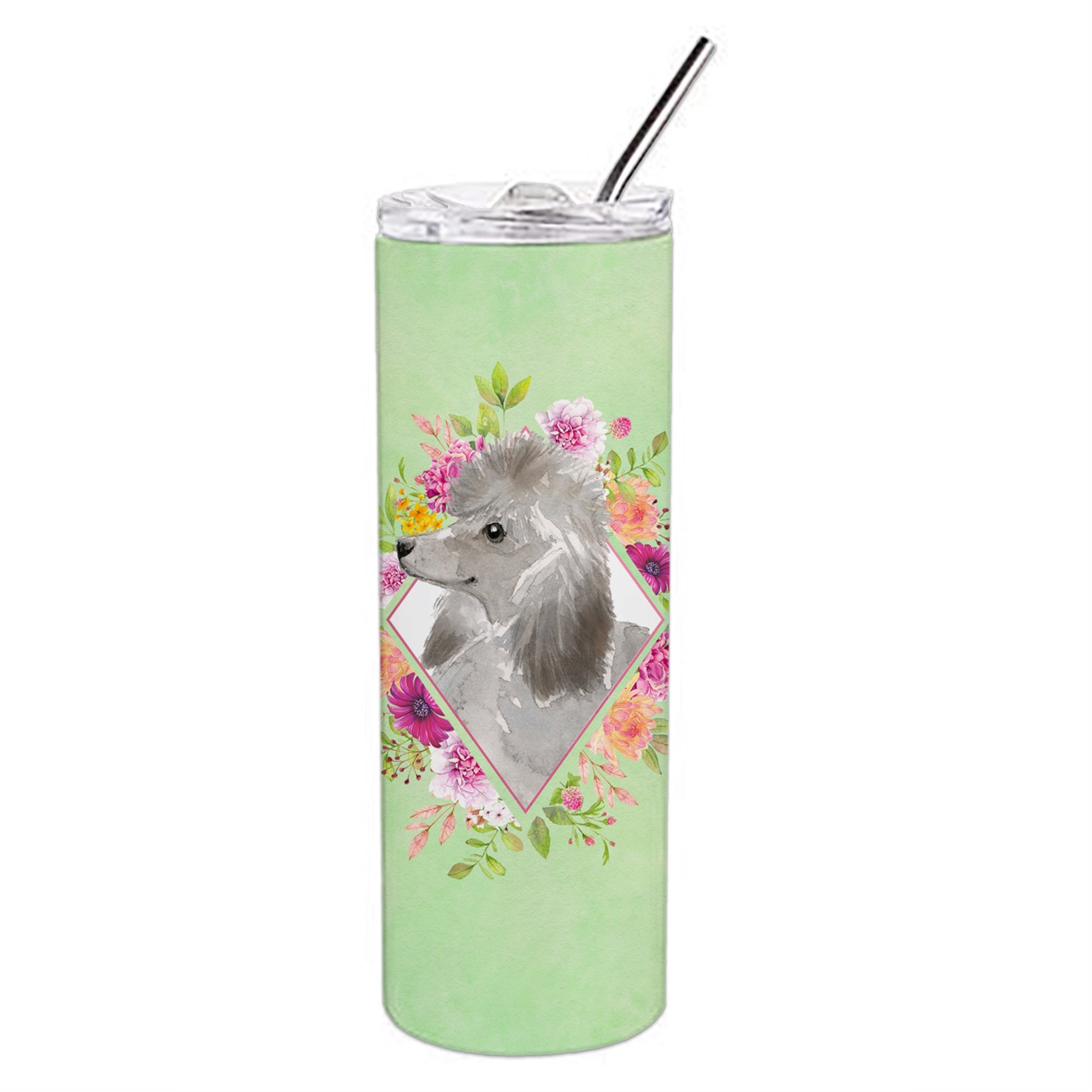 Grey Standard Poodle Green Flowers Double Walled Stainless Steel 20 Oz Skinny Tumbler