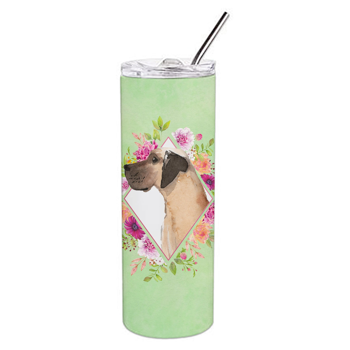 Fawn Great Dane Green Flowers Double Walled Stainless Steel 20 Oz Skinny Tumbler