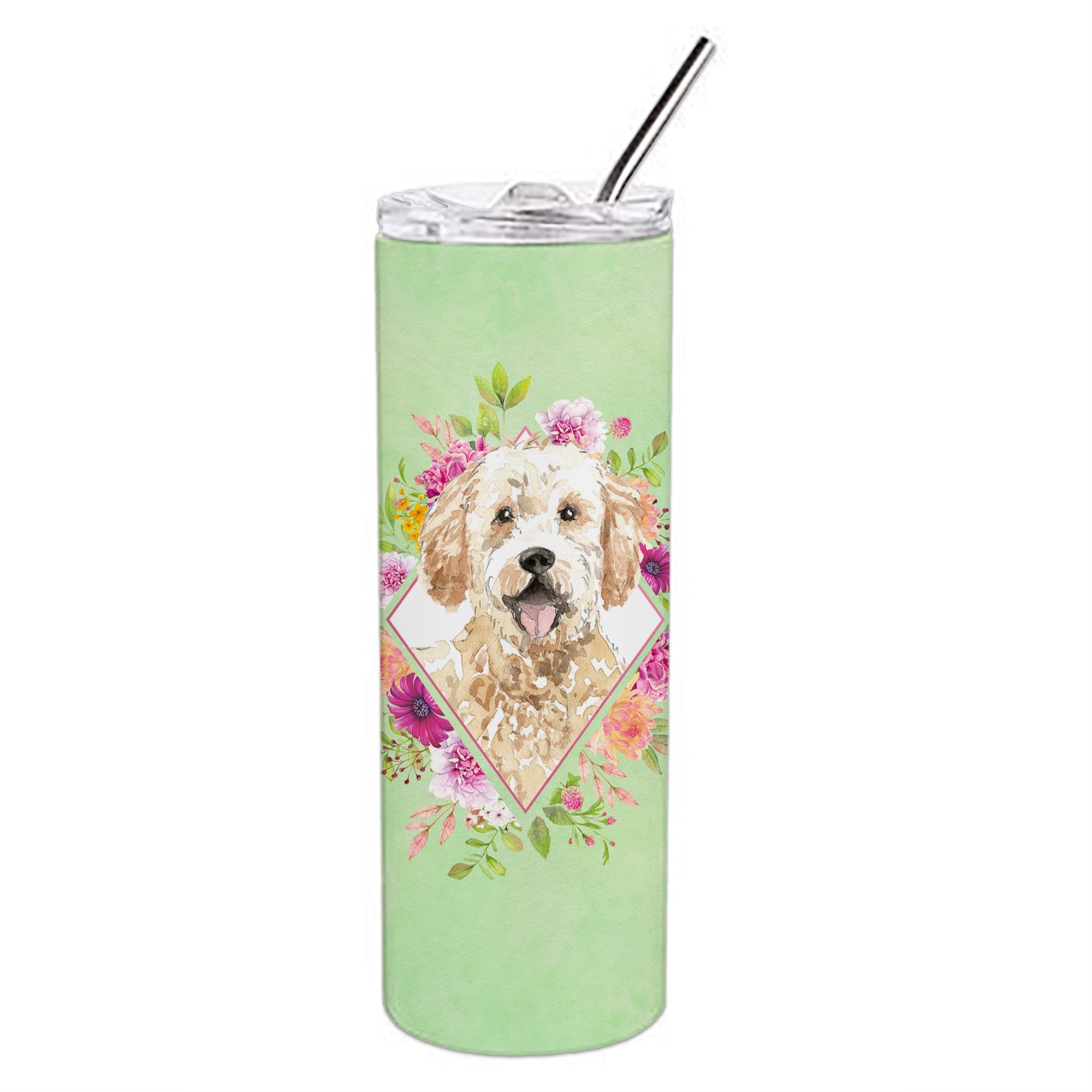 Goldendoodle Green Flowers Double Walled Stainless Steel 20 Oz Skinny Tumbler