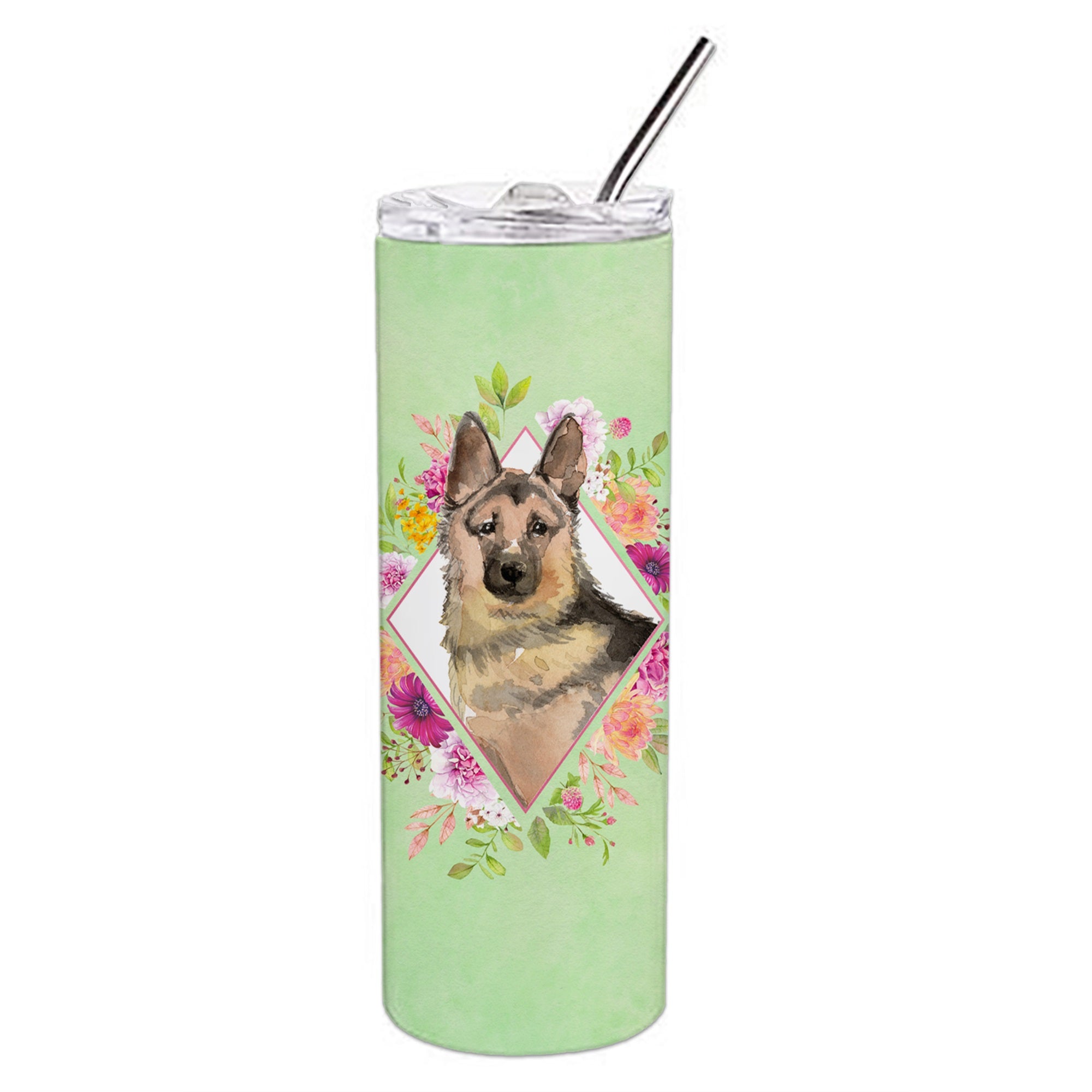 German Shepherd Green Flowers Double Walled Stainless Steel 20 Oz Skinny Tumbler