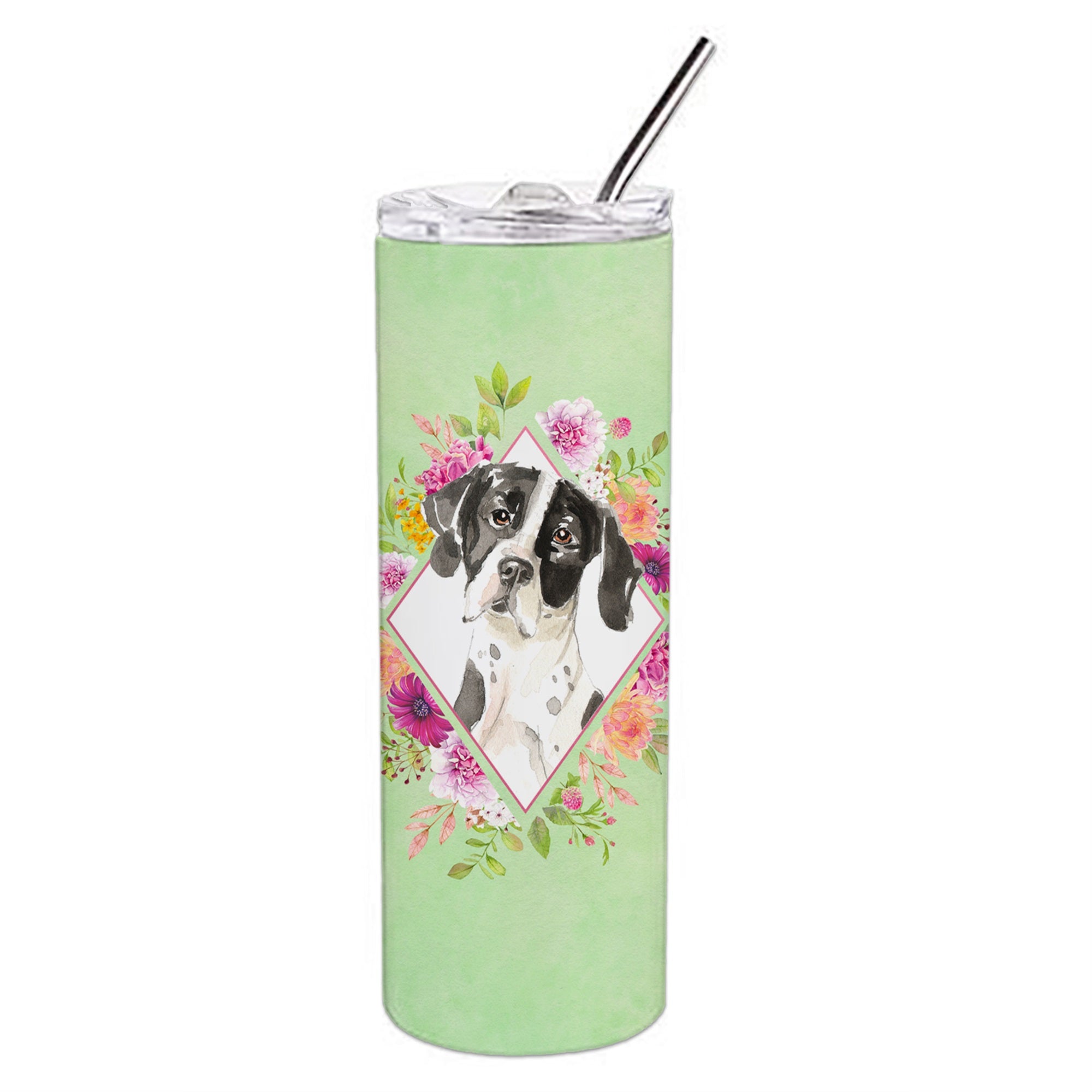 English Pointer Green Flowers Double Walled Stainless Steel 20 Oz Skinny Tumbler