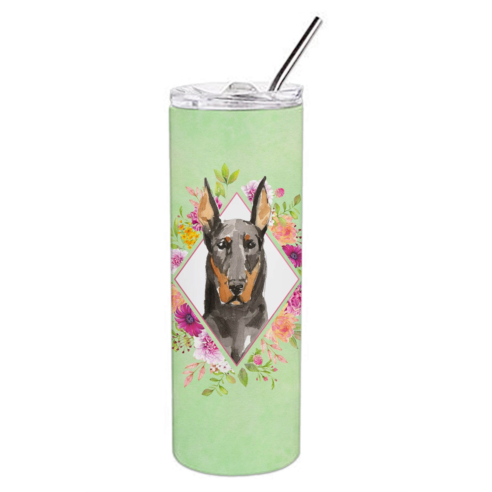 Doberman Pinsher Green Flowers Double Walled Stainless Steel 20 Oz Skinny Tumbler