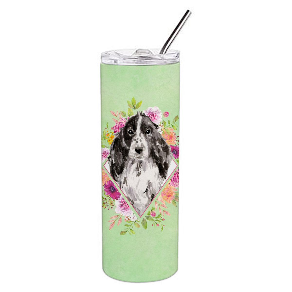 Black Parti Cocker Spaniel Green Flowers Double Walled Stainless Steel 20 Oz Skinny Tumbler