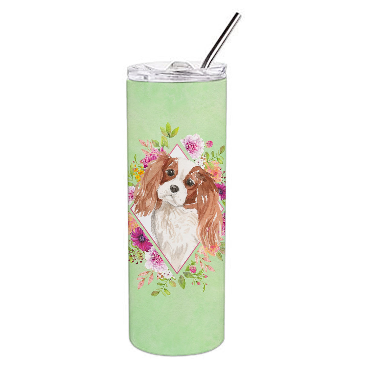 Blenheim Cavalier Spaniel Green Flowers Double Walled Stainless Steel 20 Oz Skinny Tumbler