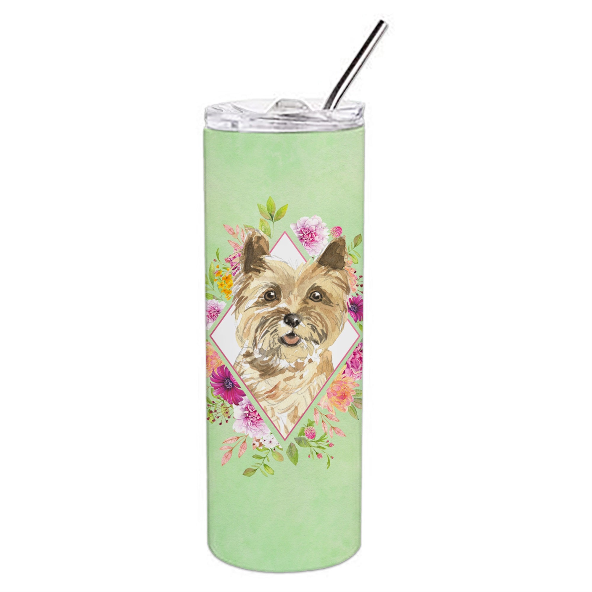 Cairn Terrier Green Flowers Double Walled Stainless Steel 20 Oz Skinny Tumbler