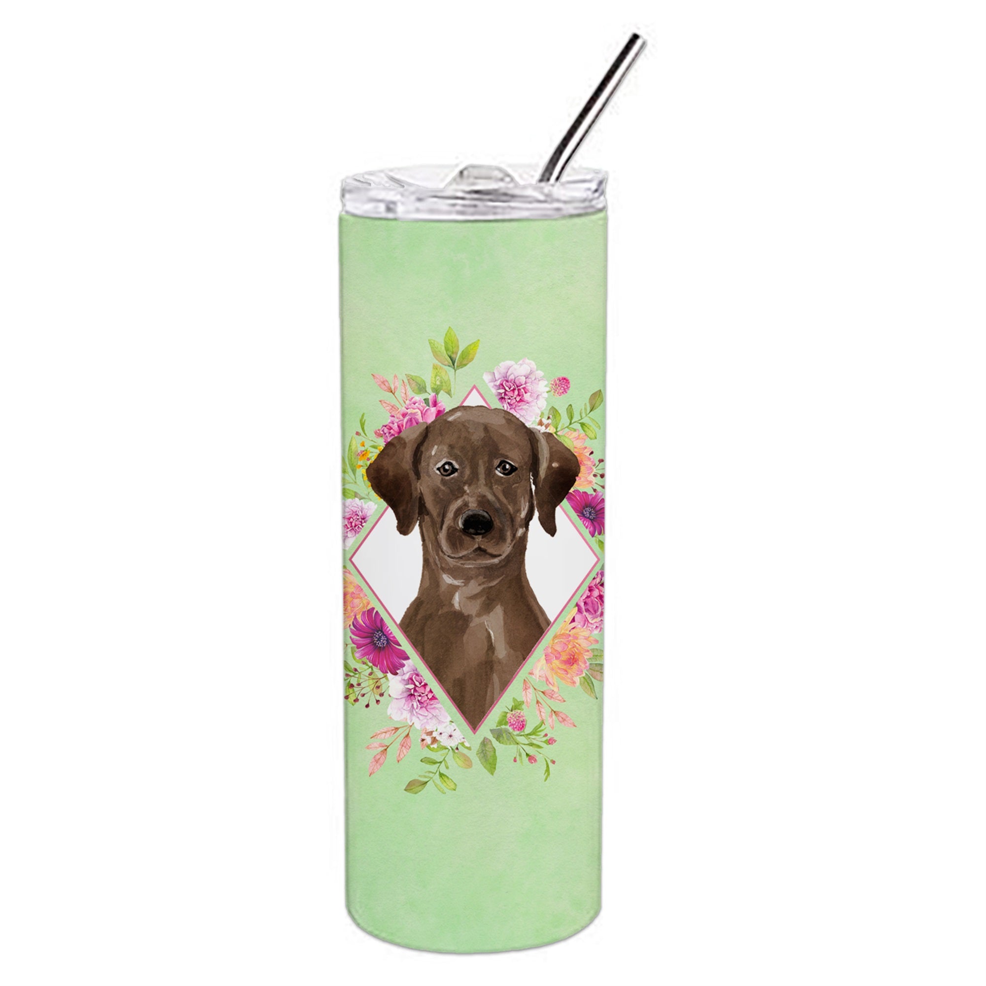 Chocolate Labrador Green Flowers Double Walled Stainless Steel 20 Oz Skinny Tumbler