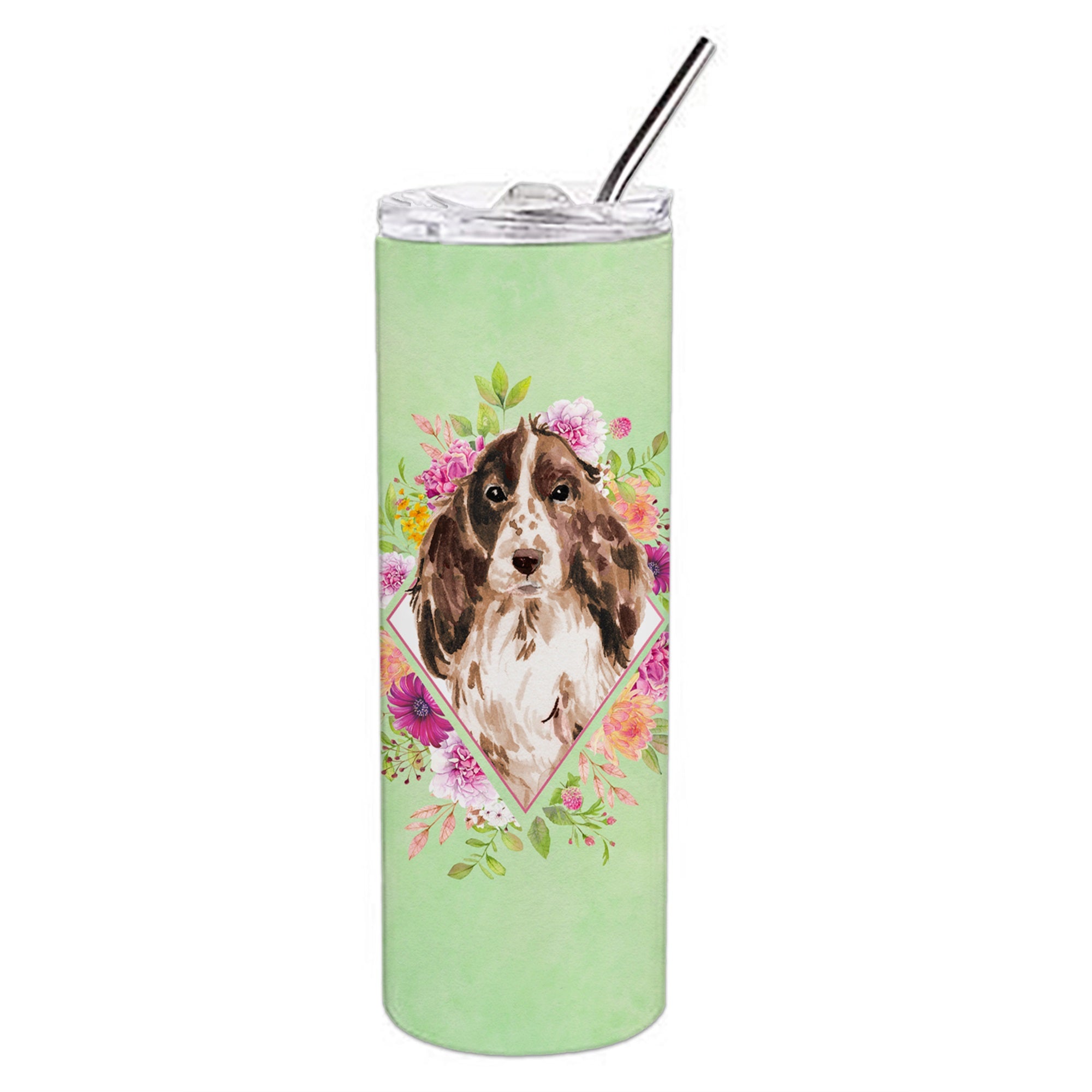 Brown Parti Cocker Spaniel Green Flowers Double Walled Stainless Steel 20 Oz Skinny Tumbler