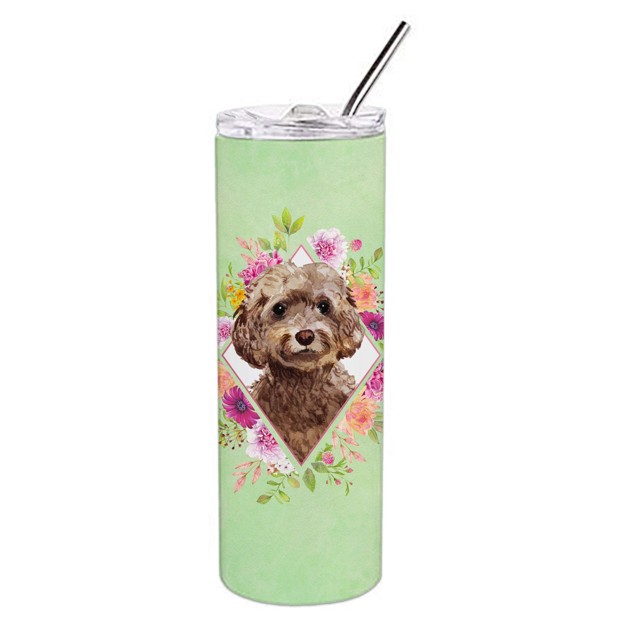 Chocolate Cockapoo Green Flowers Double Walled Stainless Steel 20 Oz Skinny Tumbler