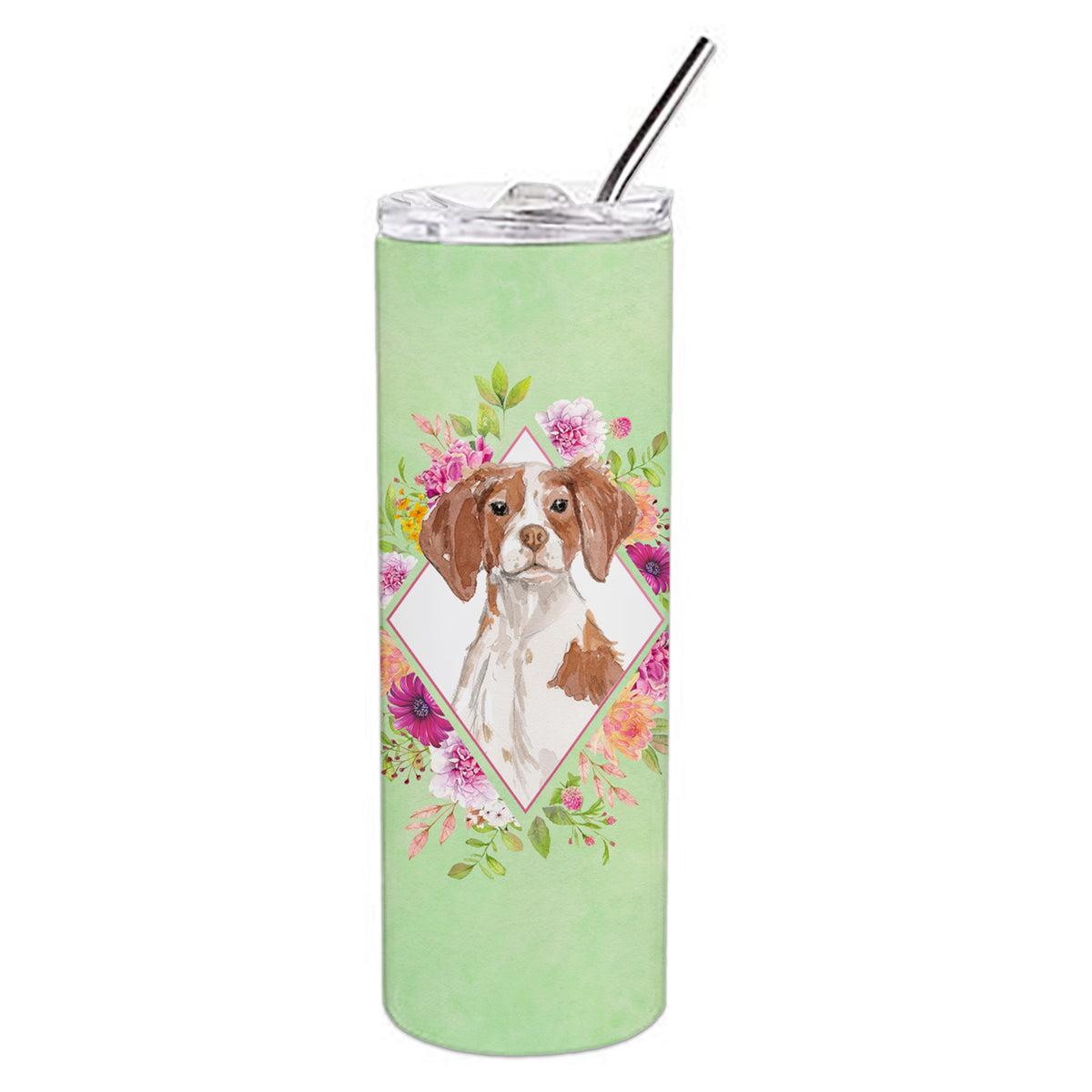 Brittany Spaniel Green Flowers Double Walled Stainless Steel 20 Oz Skinny Tumbler