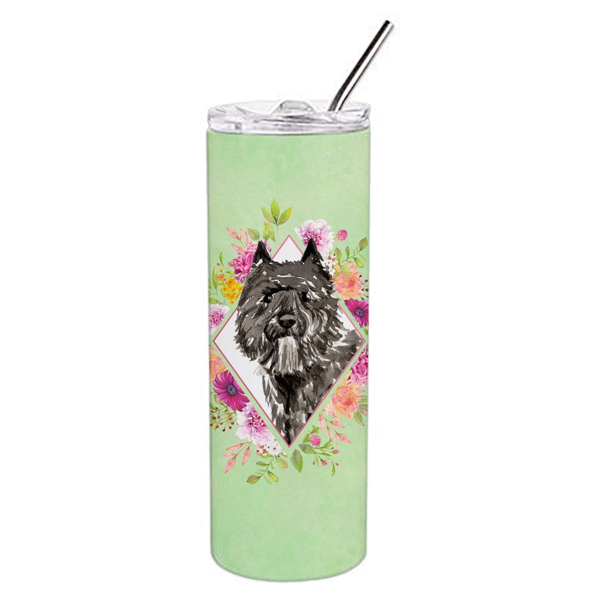 Bouvier Des Flandres Green Flowers Double Walled Stainless Steel 20 Oz Skinny Tumbler