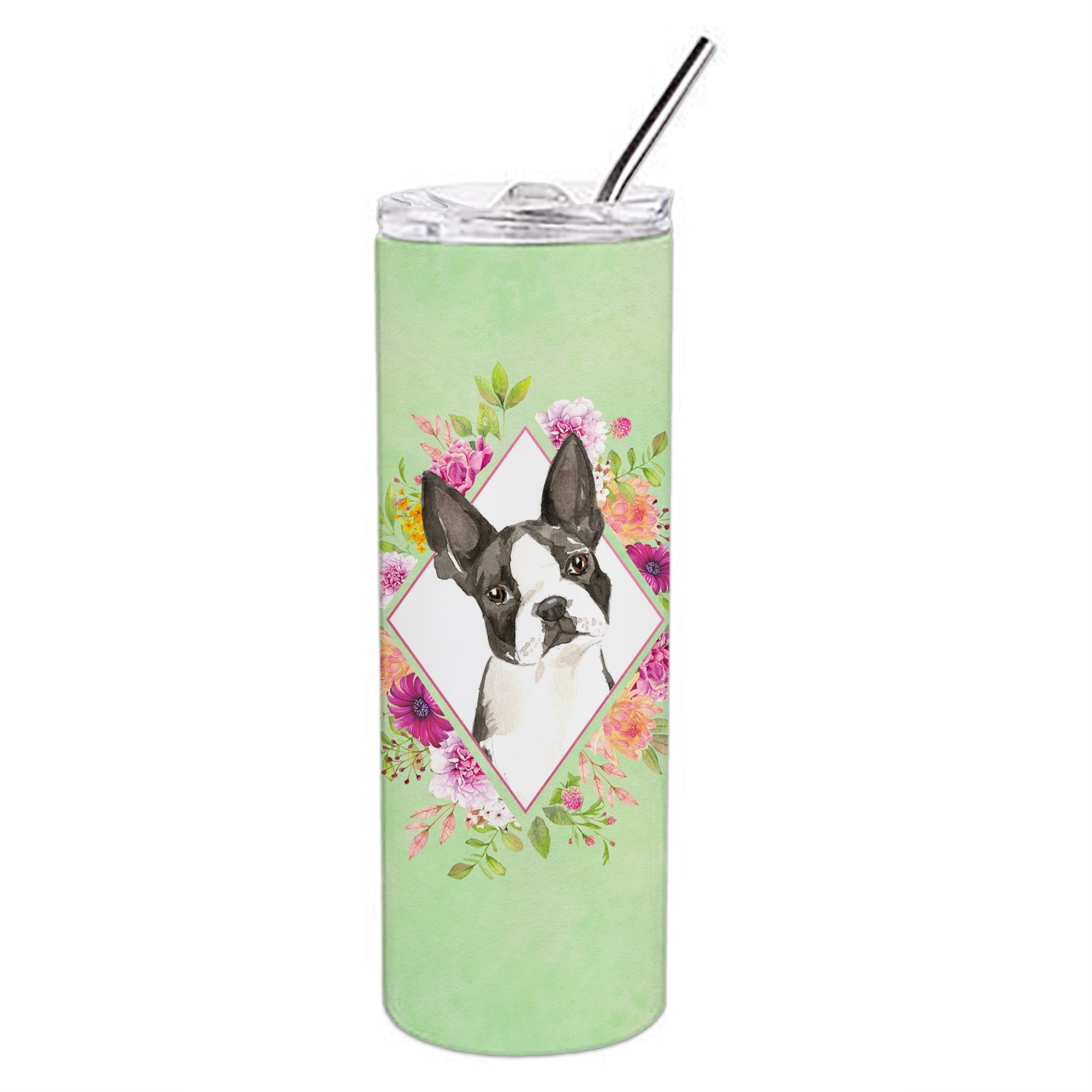Boston Terrier Green Flowers Double Walled Stainless Steel 20 Oz Skinny Tumbler