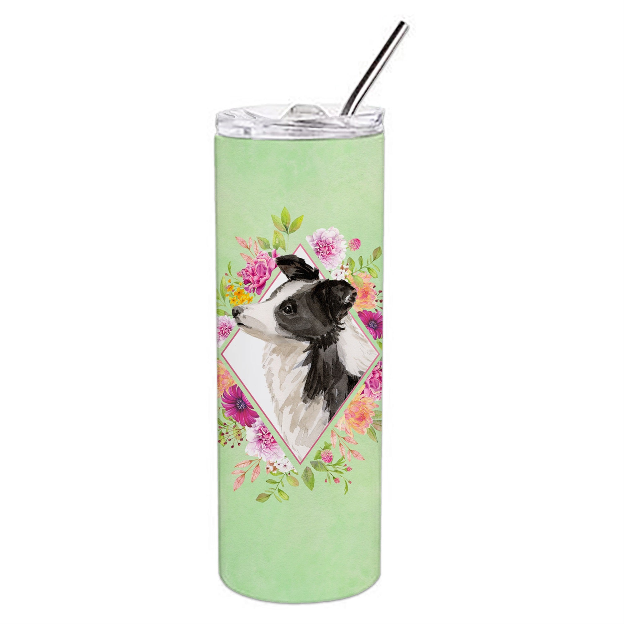 Border Collie Green Flowers Double Walled Stainless Steel 20 Oz Skinny Tumbler