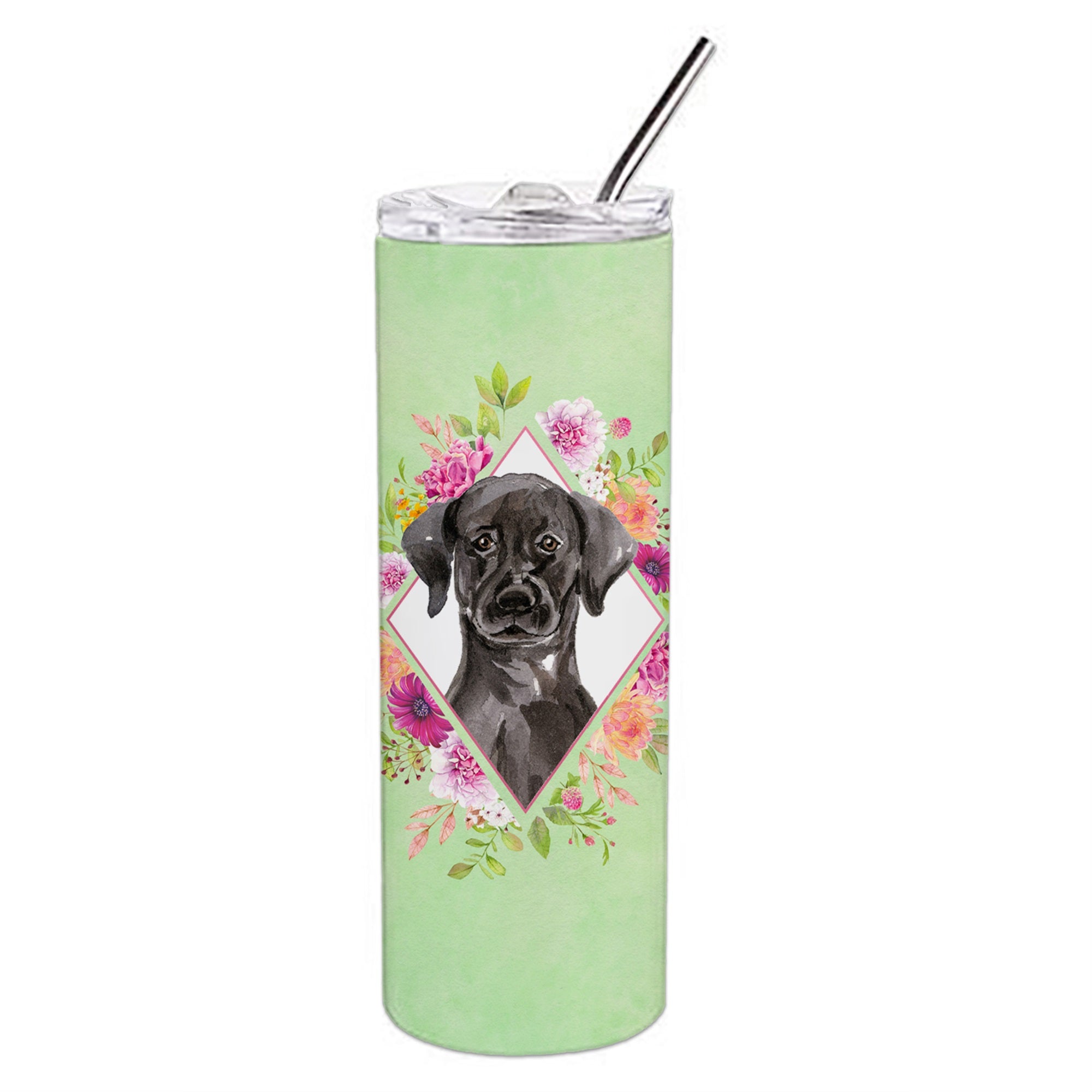 Black Labrador Green Flowers Double Walled Stainless Steel 20 Oz Skinny Tumbler